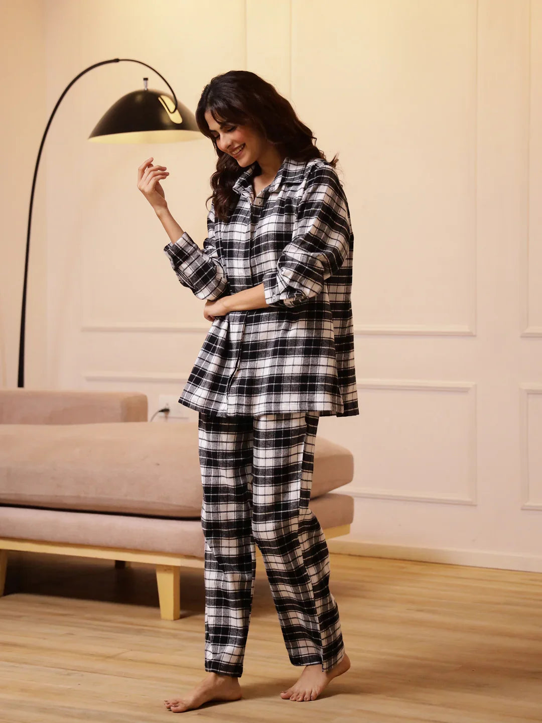 Black Checks Cashmere Winter Loungewear Set - SanskrutiHomes