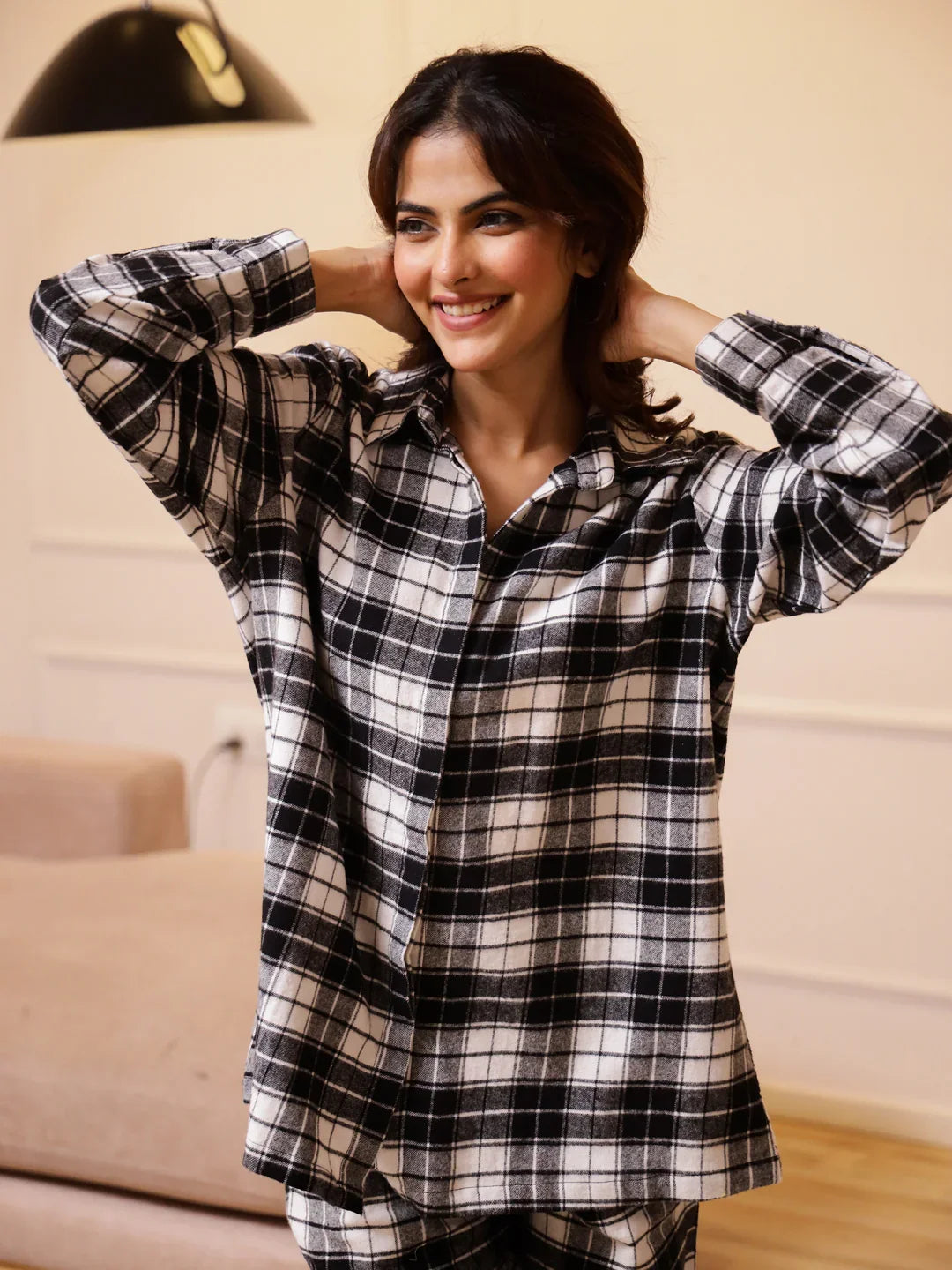 Black Checks Cashmere Winter Loungewear Set - SanskrutiHomes
