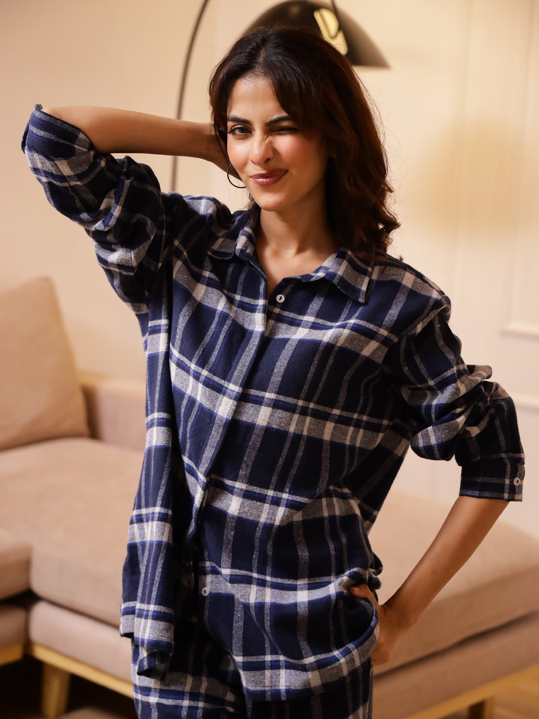 Blue Checks Cashmere Winter Loungewear Set
