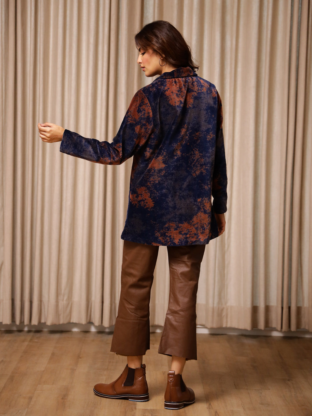 Blue Printed Velvet Jacket for Women