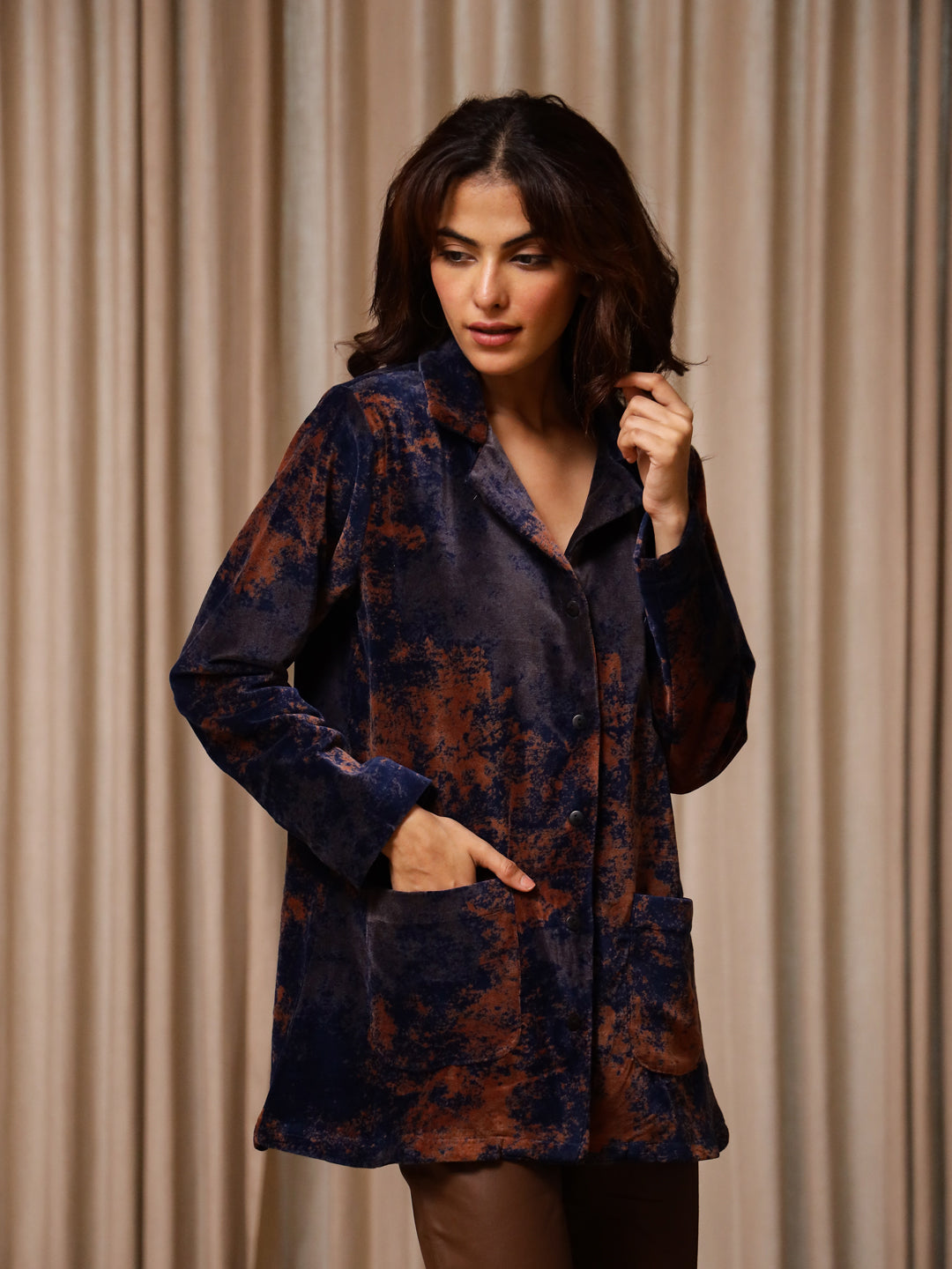 Blue Printed Velvet Jacket for Women - SanskrutiHomes