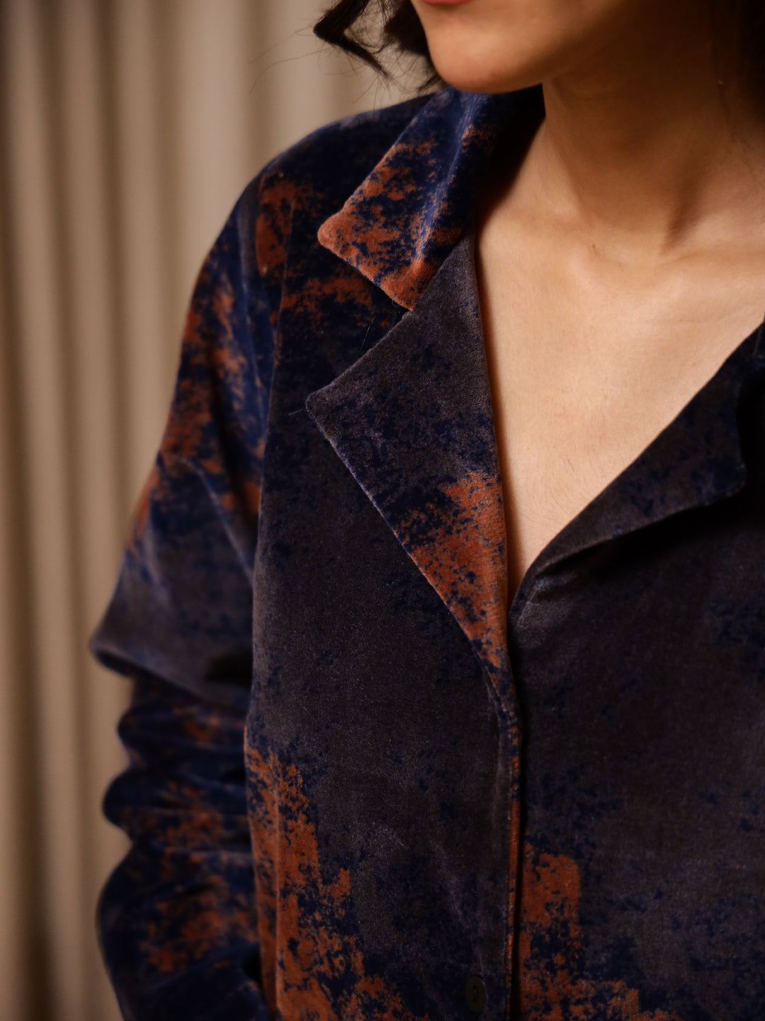 Blue Printed Velvet Jacket for Women - SanskrutiHomes