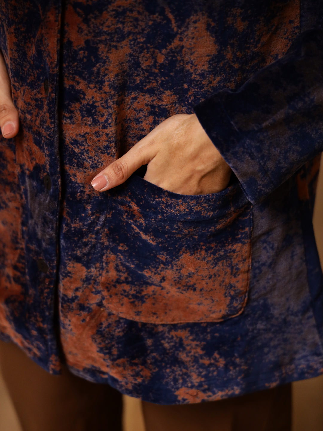 Blue Printed Velvet Jacket for Women