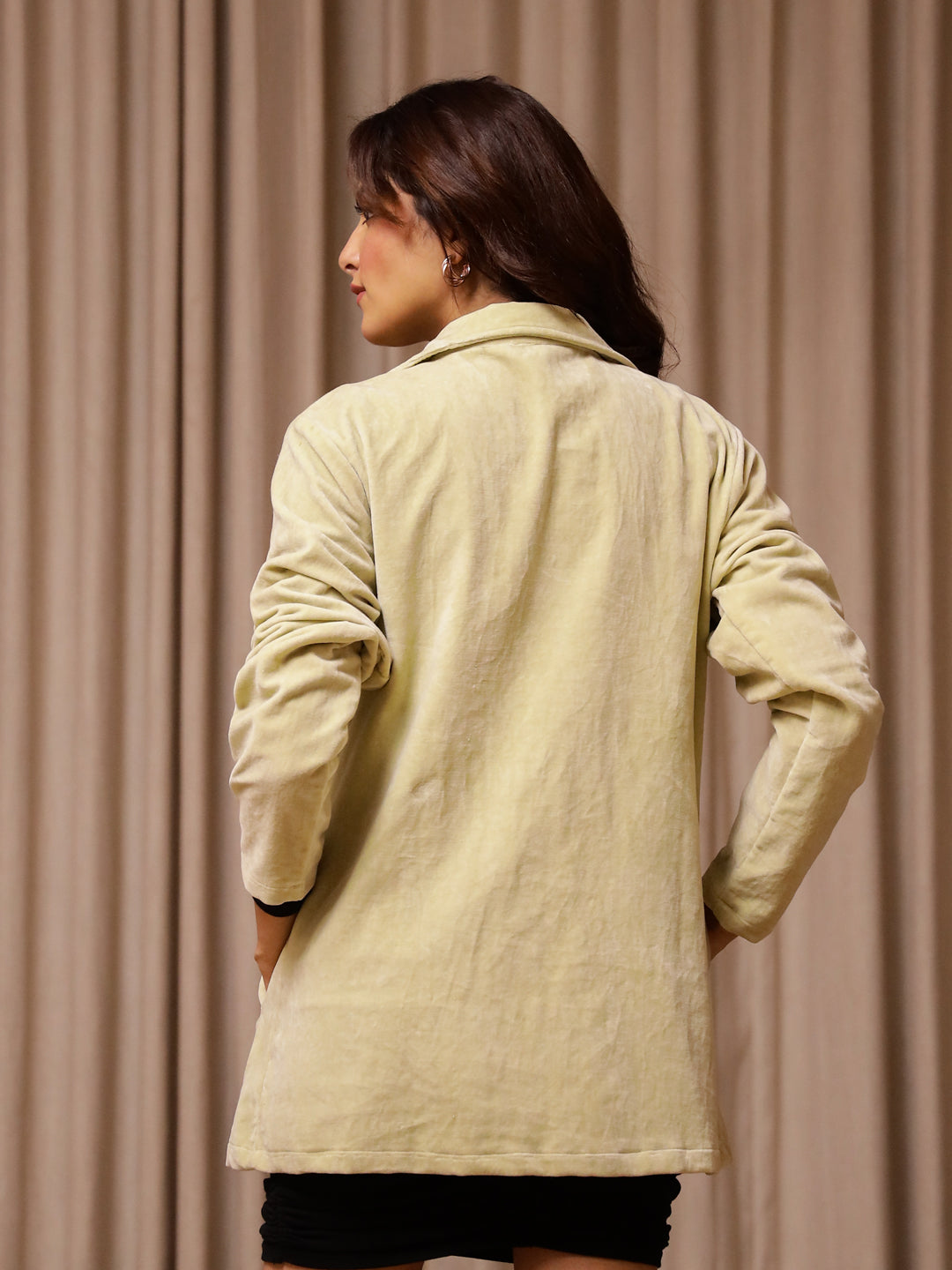 Yellow Solid Print Velvet Jacket for Women