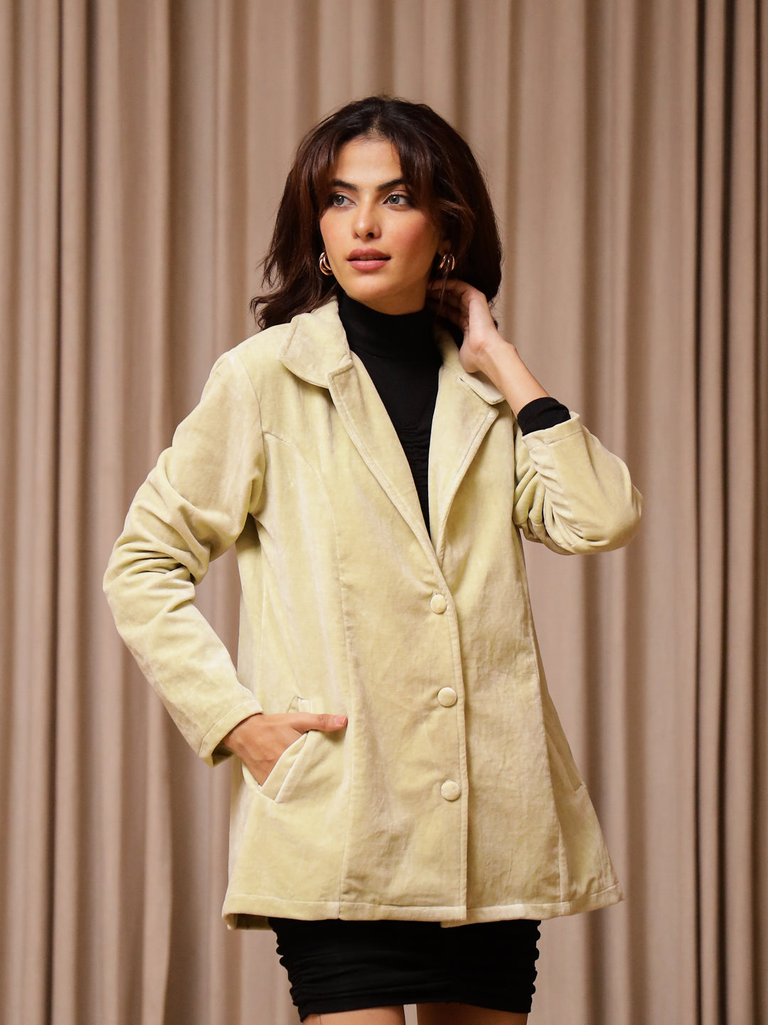 Yellow Solid Print Velvet Jacket for Women