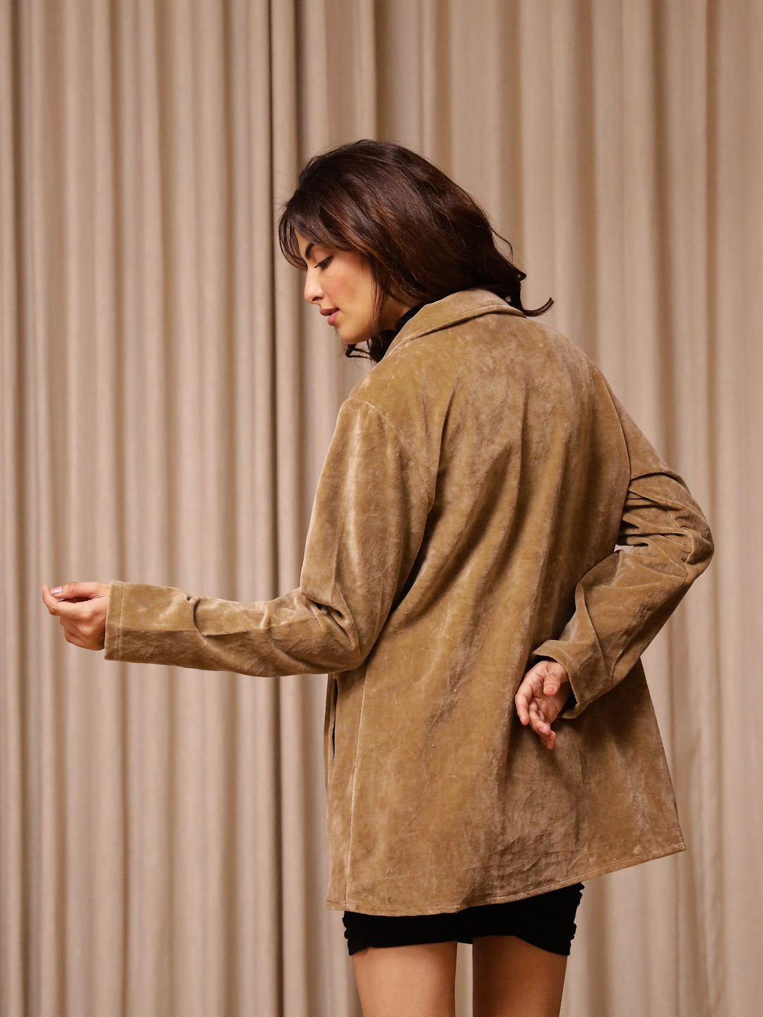 Brown Solid Print Velvet Jacket for Women - SanskrutiHomes