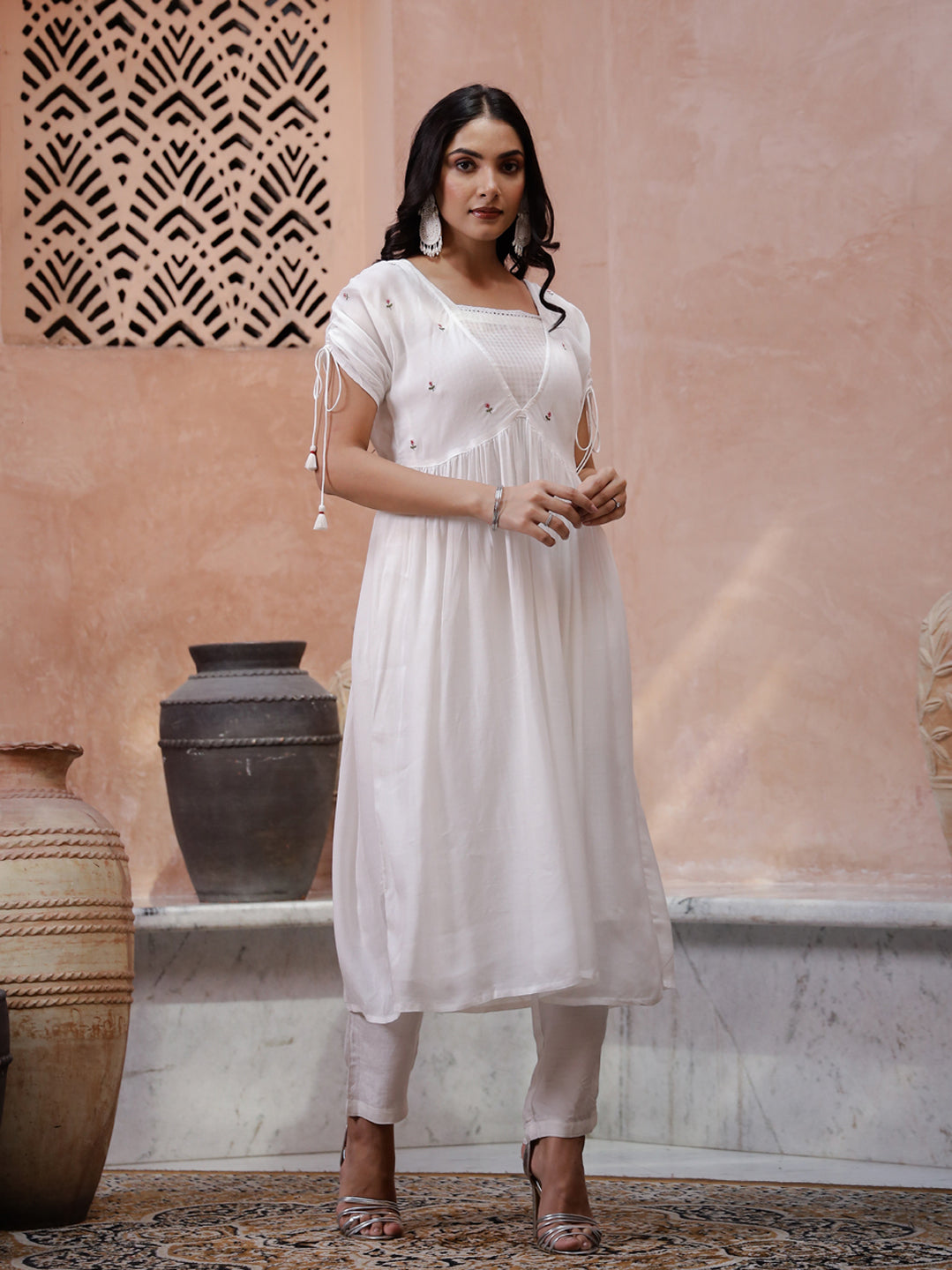 Off White V-Neck Straight Solid Kurta Set For Women