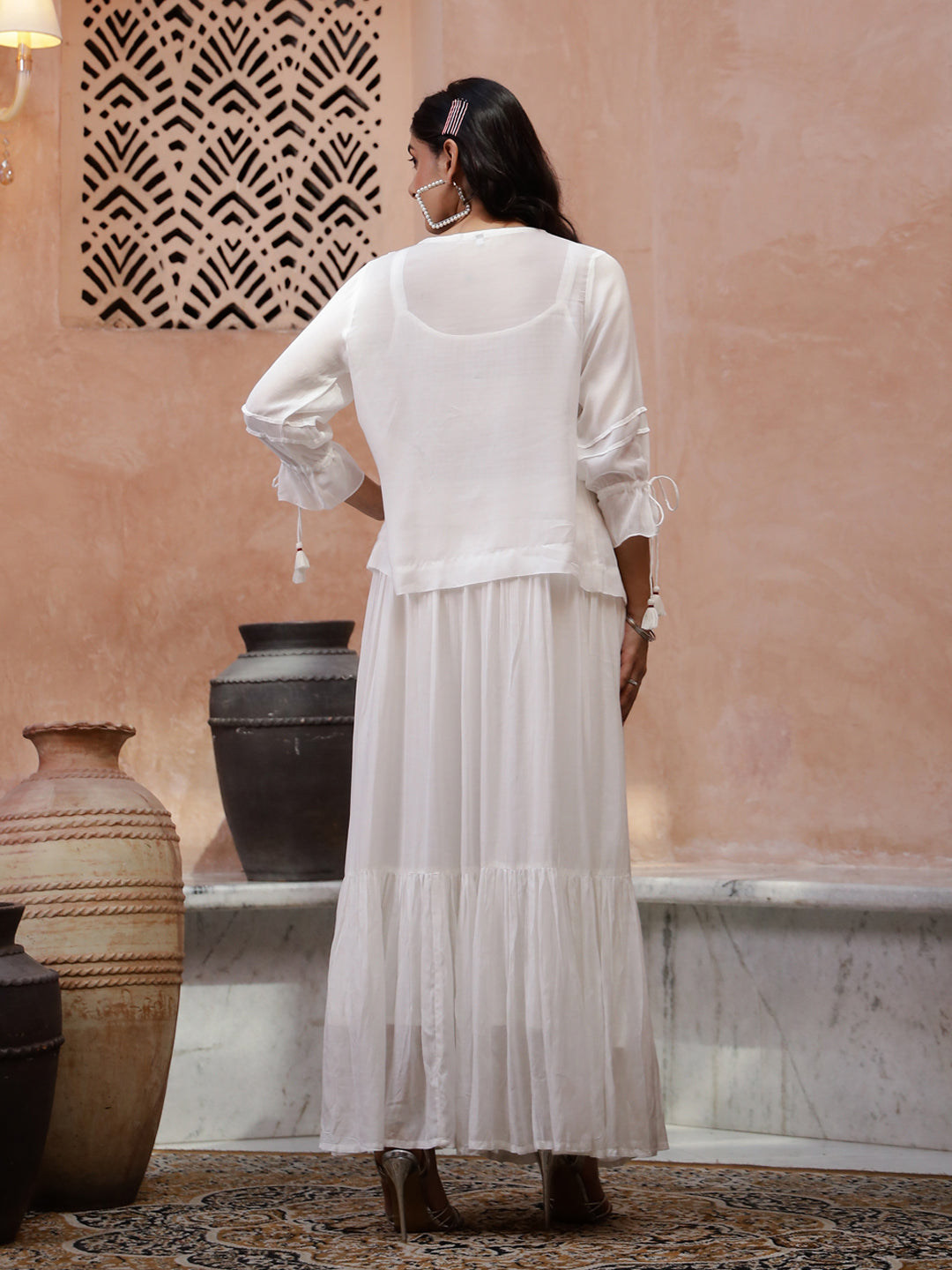 Off White V-Neck Solid A-Line Kurta Set For Women