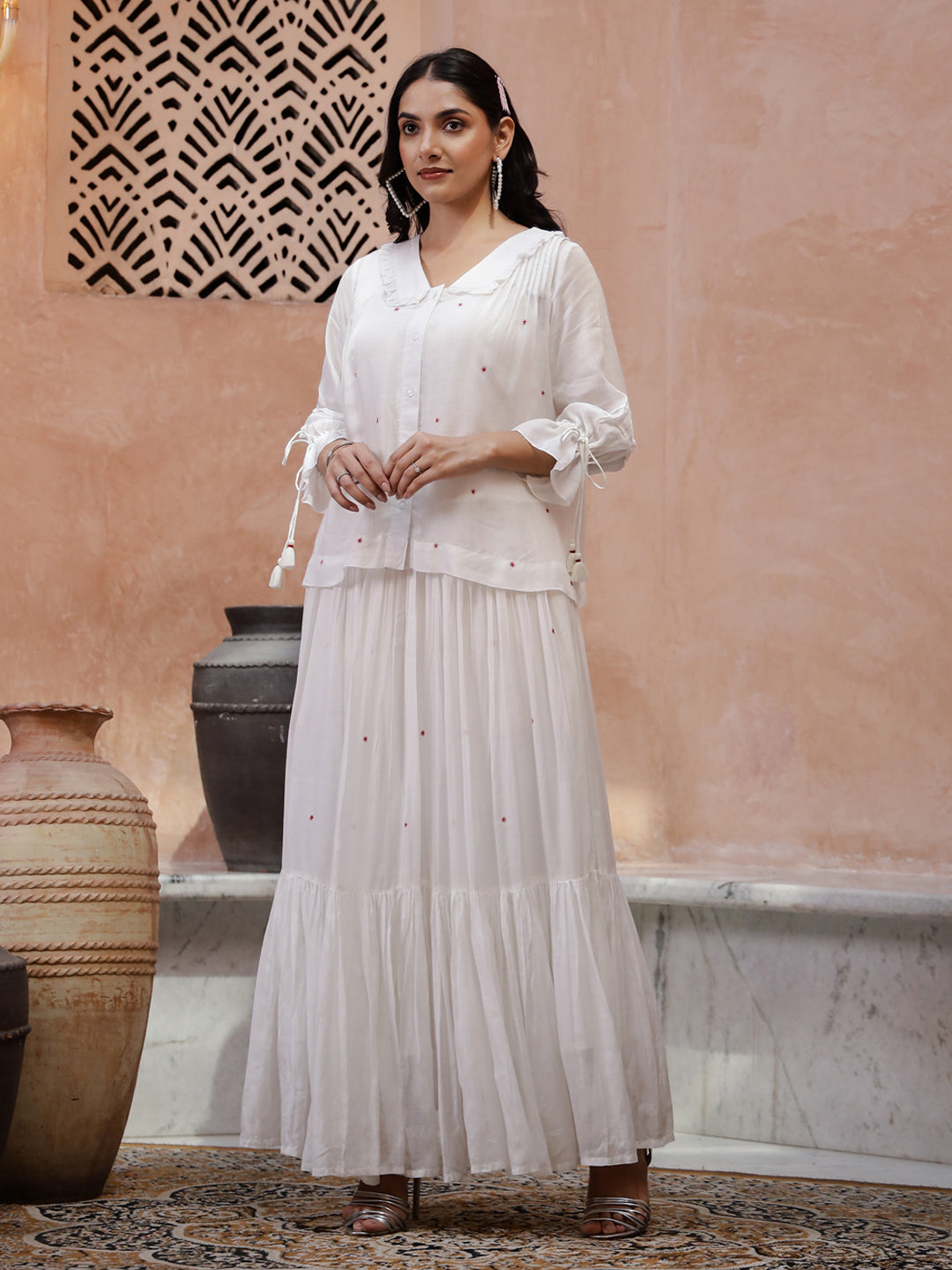 Off White V-Neck Solid A-Line Kurta Set For Women