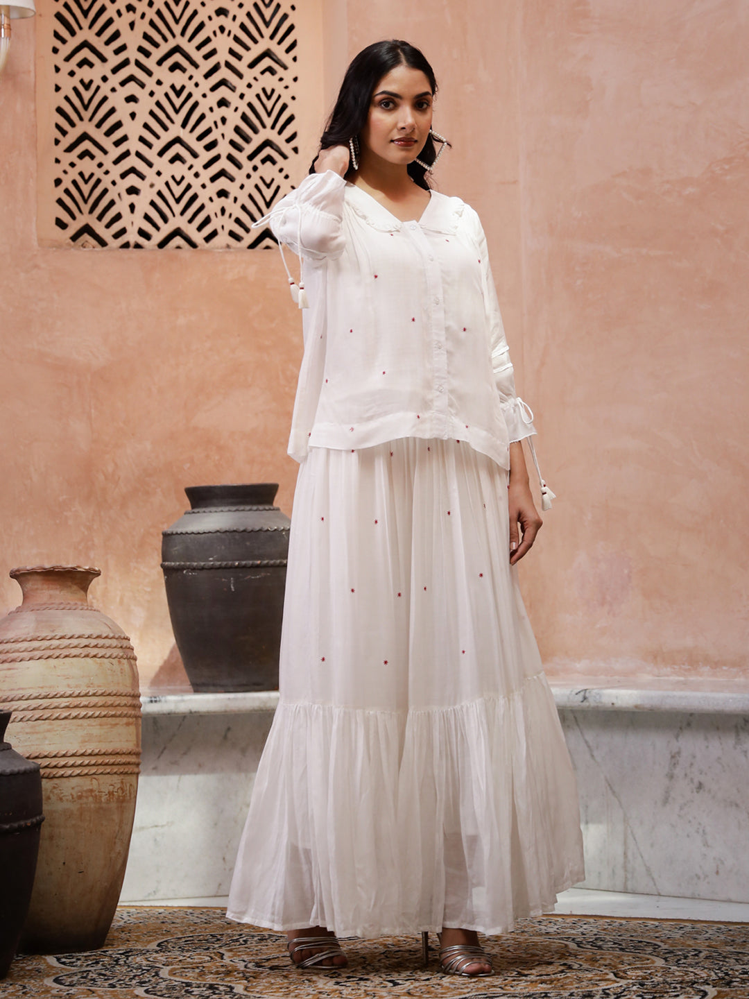 Off White V-Neck Solid A-Line Kurta Set For Women