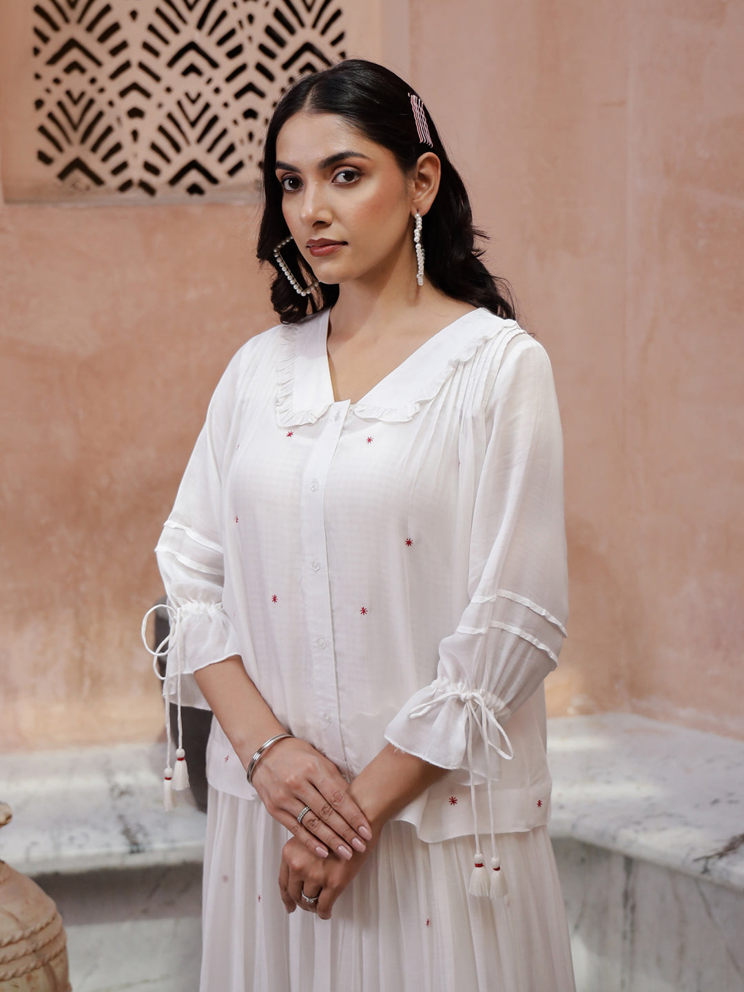 Off White V-Neck Solid A-Line Kurta Set For Women
