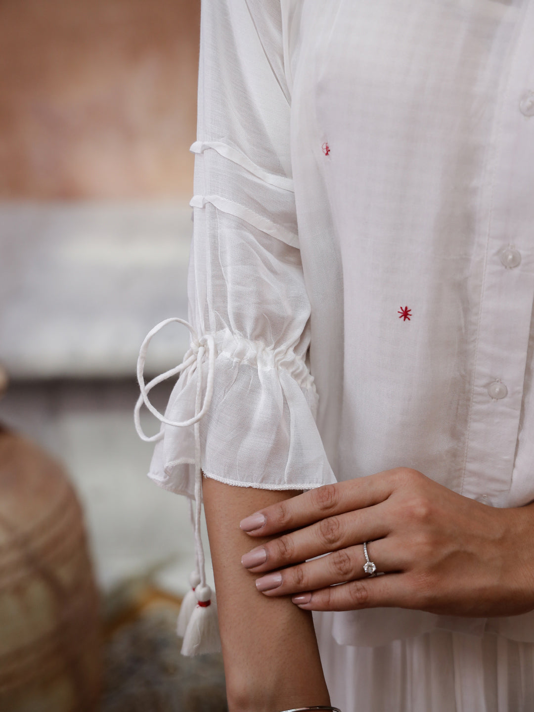 Off White V-Neck Solid A-Line Kurta Set For Women