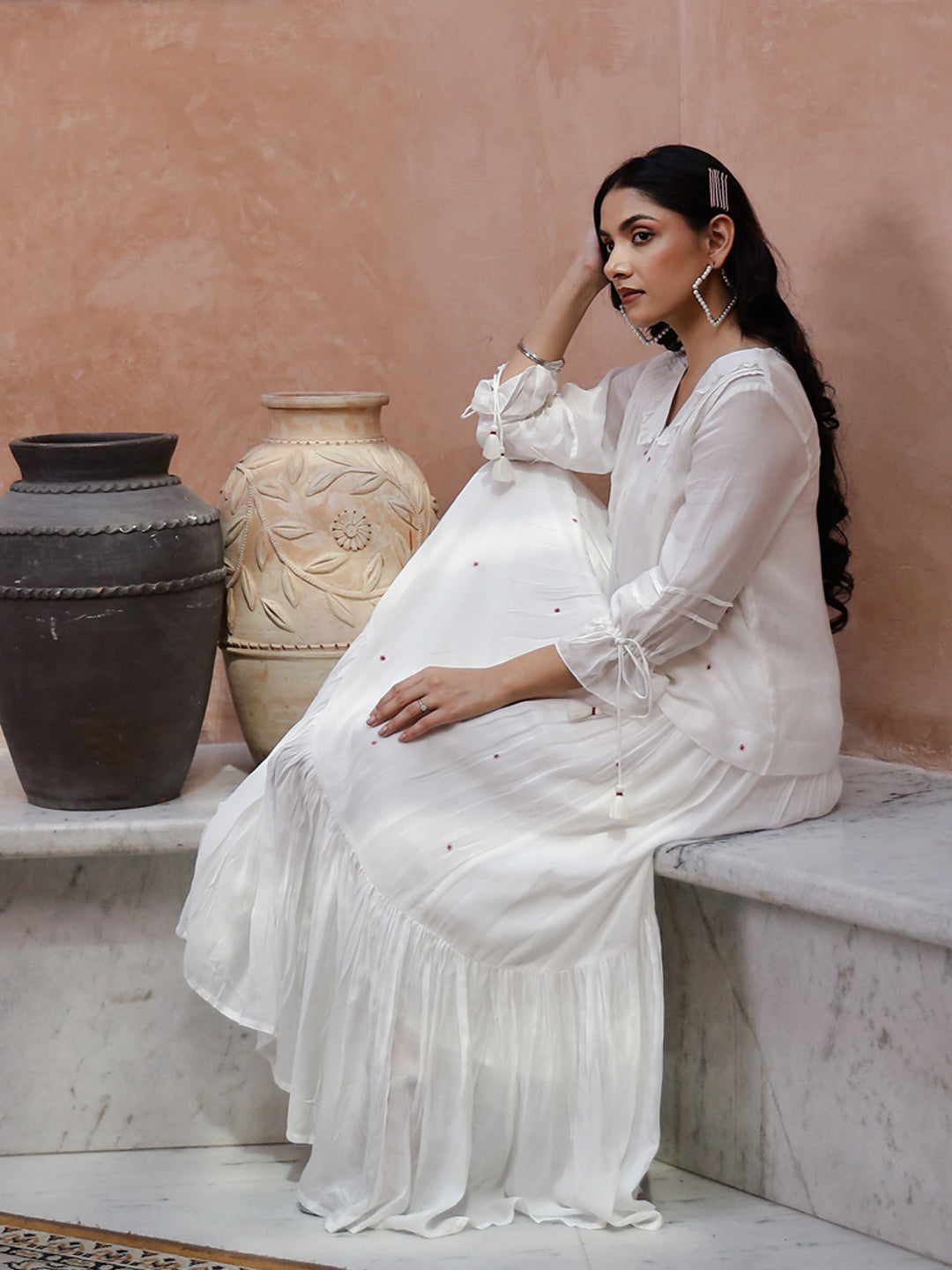 Off White V-Neck Solid A-Line Kurta Set For Women