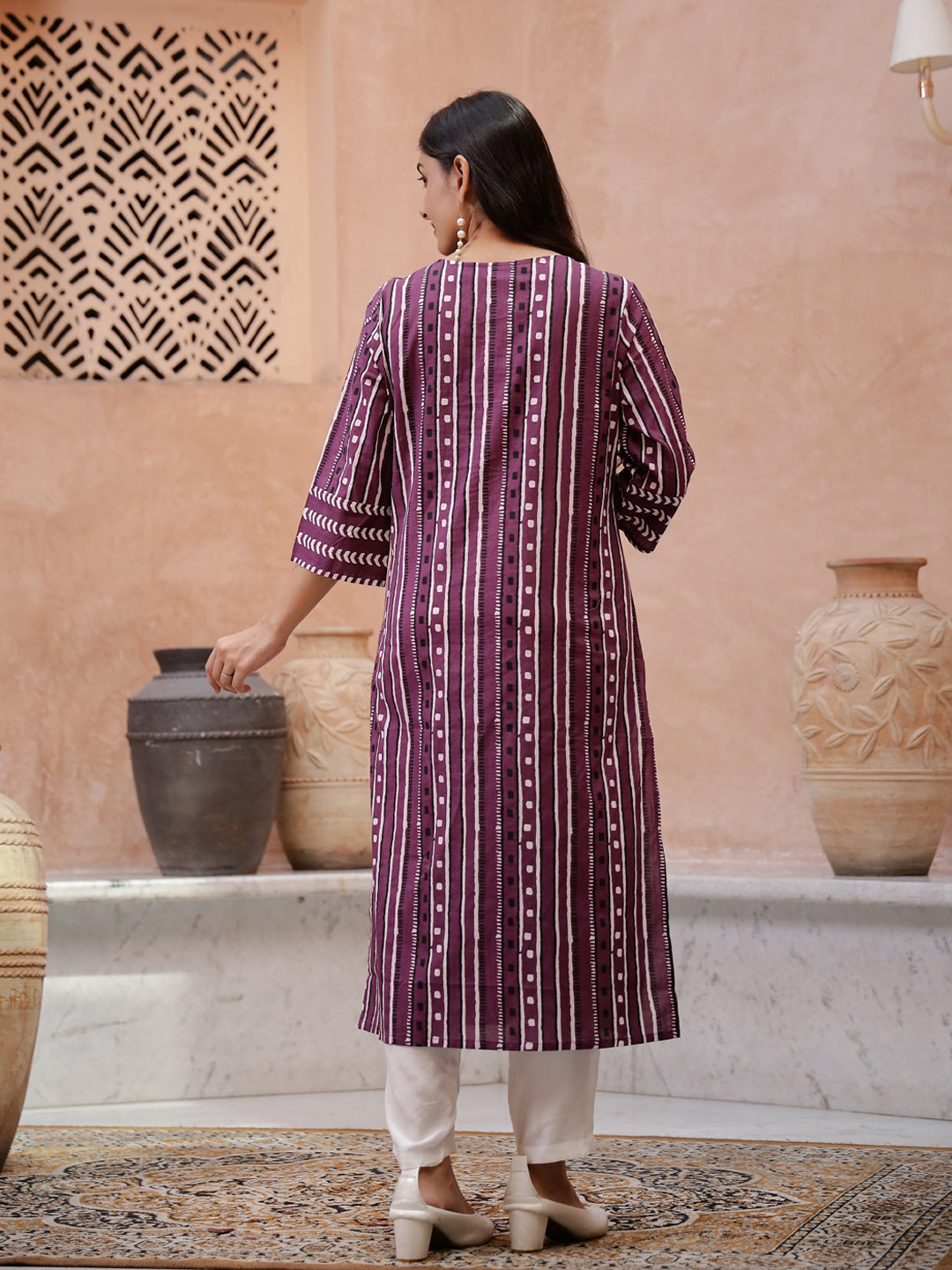 Purple Printed V-Neck Kurta for Women - SanskrutiHomes