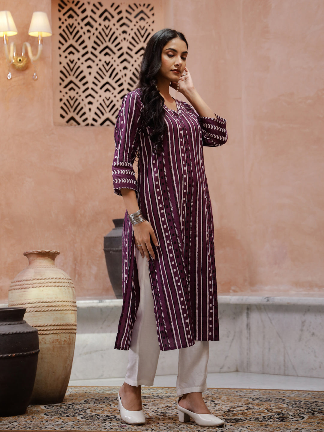 Purple Printed V-Neck Kurta for Women - SanskrutiHomes