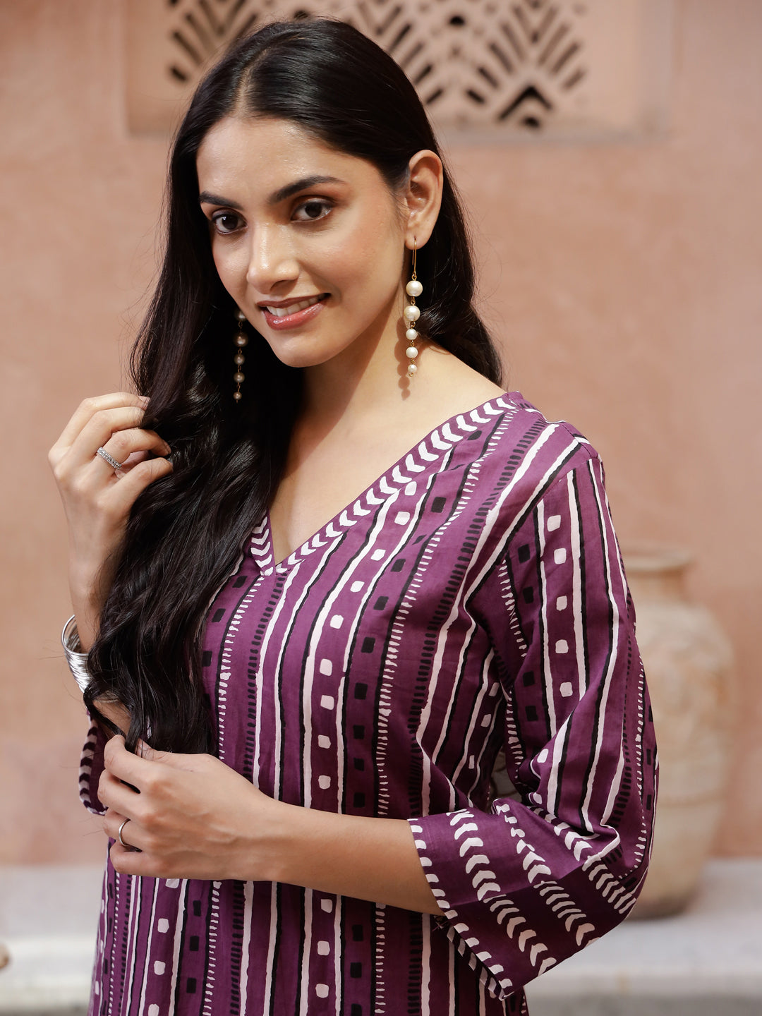 Purple Printed V-Neck Kurta for Women - SanskrutiHomes