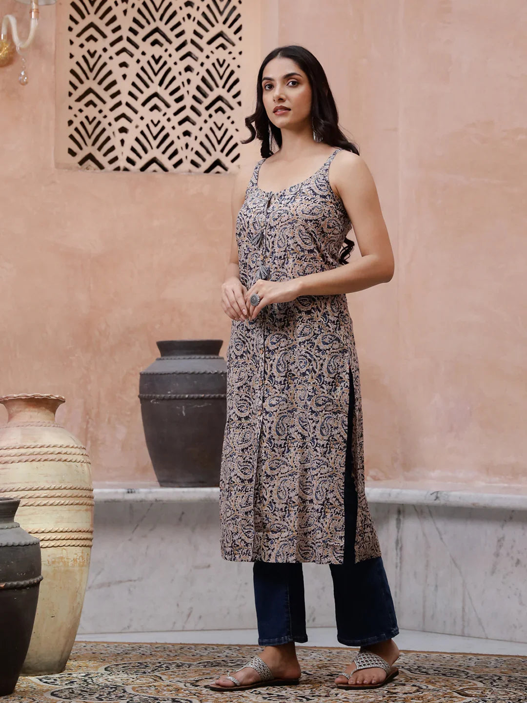 Beige Color Sleeveless Kurta for Women - SanskrutiHomes