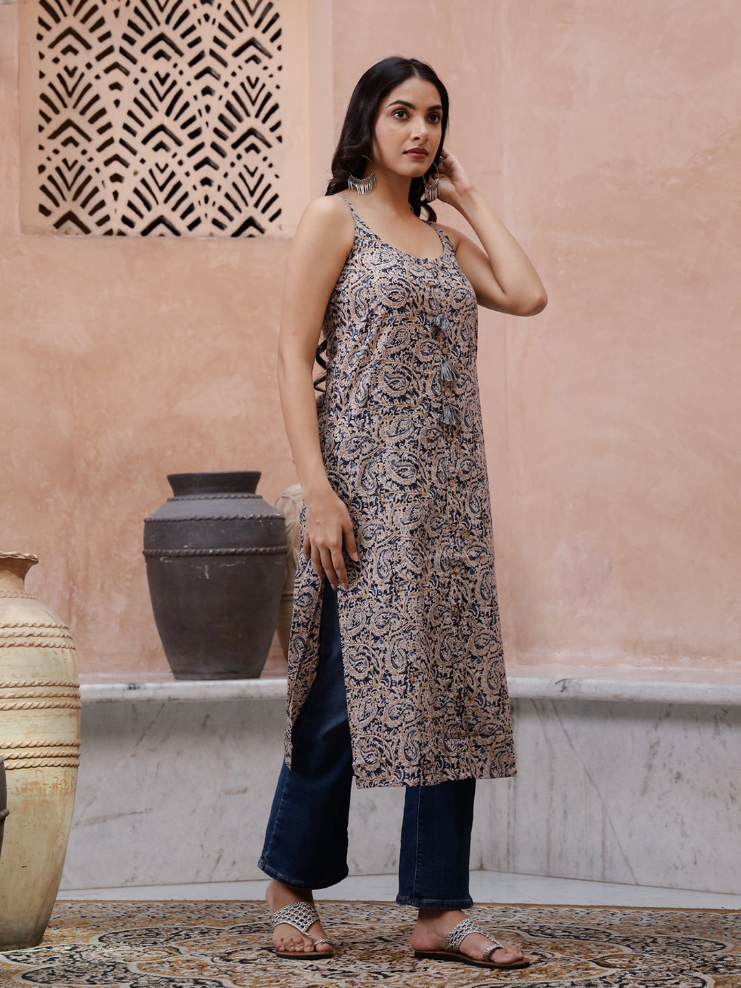 Beige Color Sleeveless Kurta for Women - SanskrutiHomes