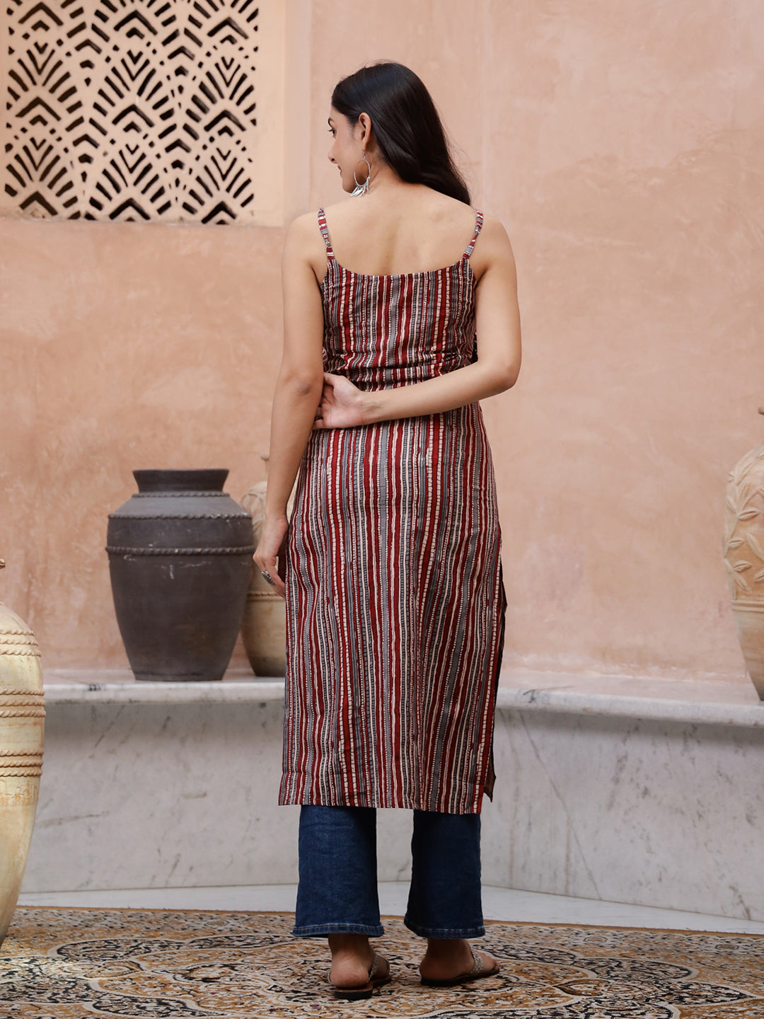 Maroon Color Strips Printed Sleeveless Kurta - SanskrutiHomes