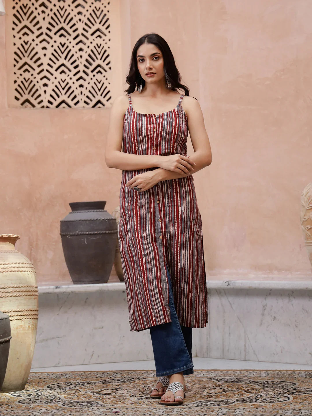 Maroon Color Strips Printed Sleeveless Kurta - SanskrutiHomes