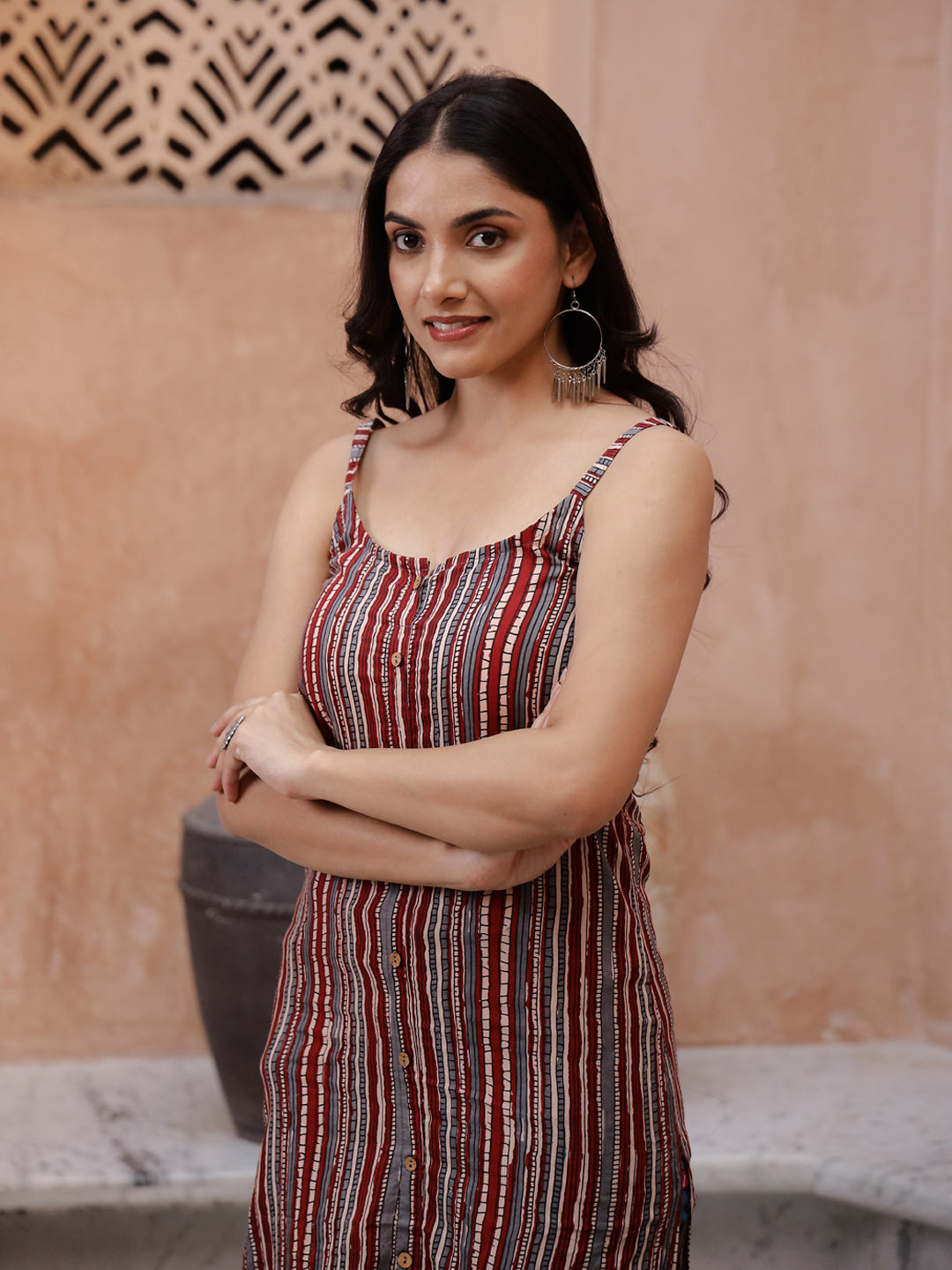 Maroon Color Strips Printed Sleeveless Kurta - SanskrutiHomes