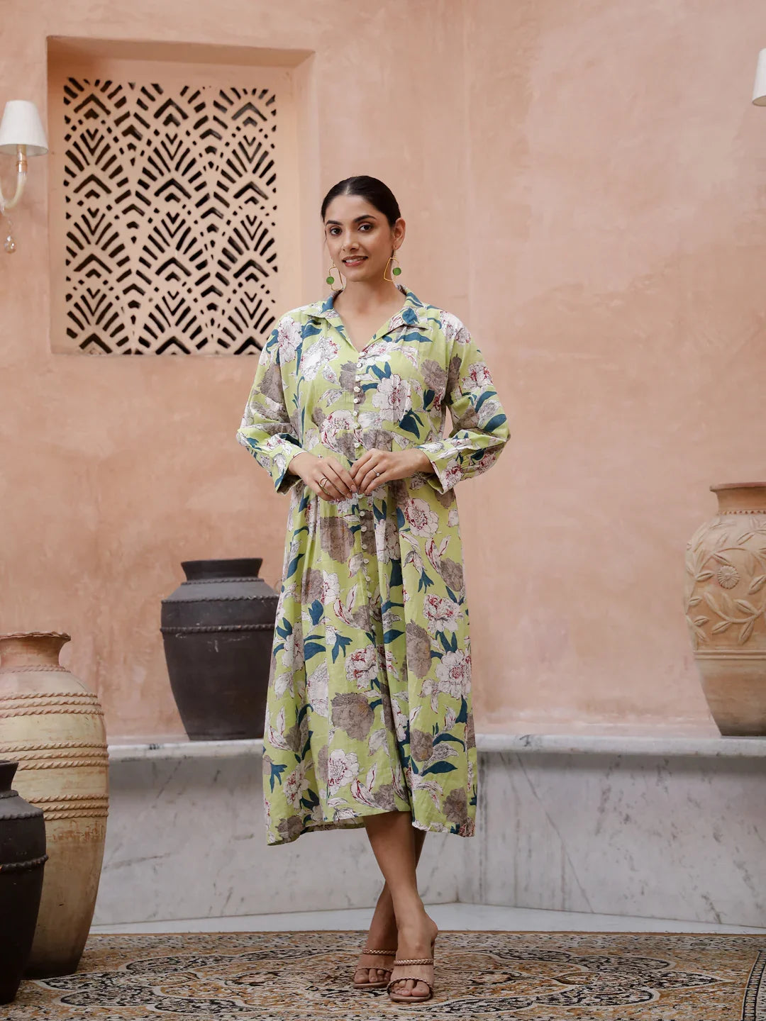 Floral Printed Cotton Ethnic Dress - SanskrutiHomes