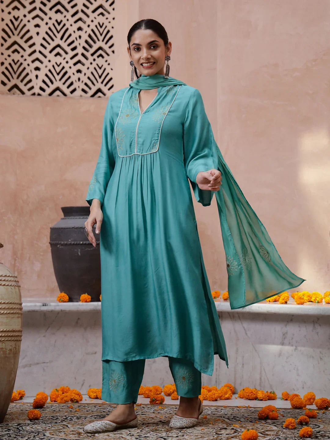 Green V-Neck Solid Print Kurta set - SanskrutiHomes