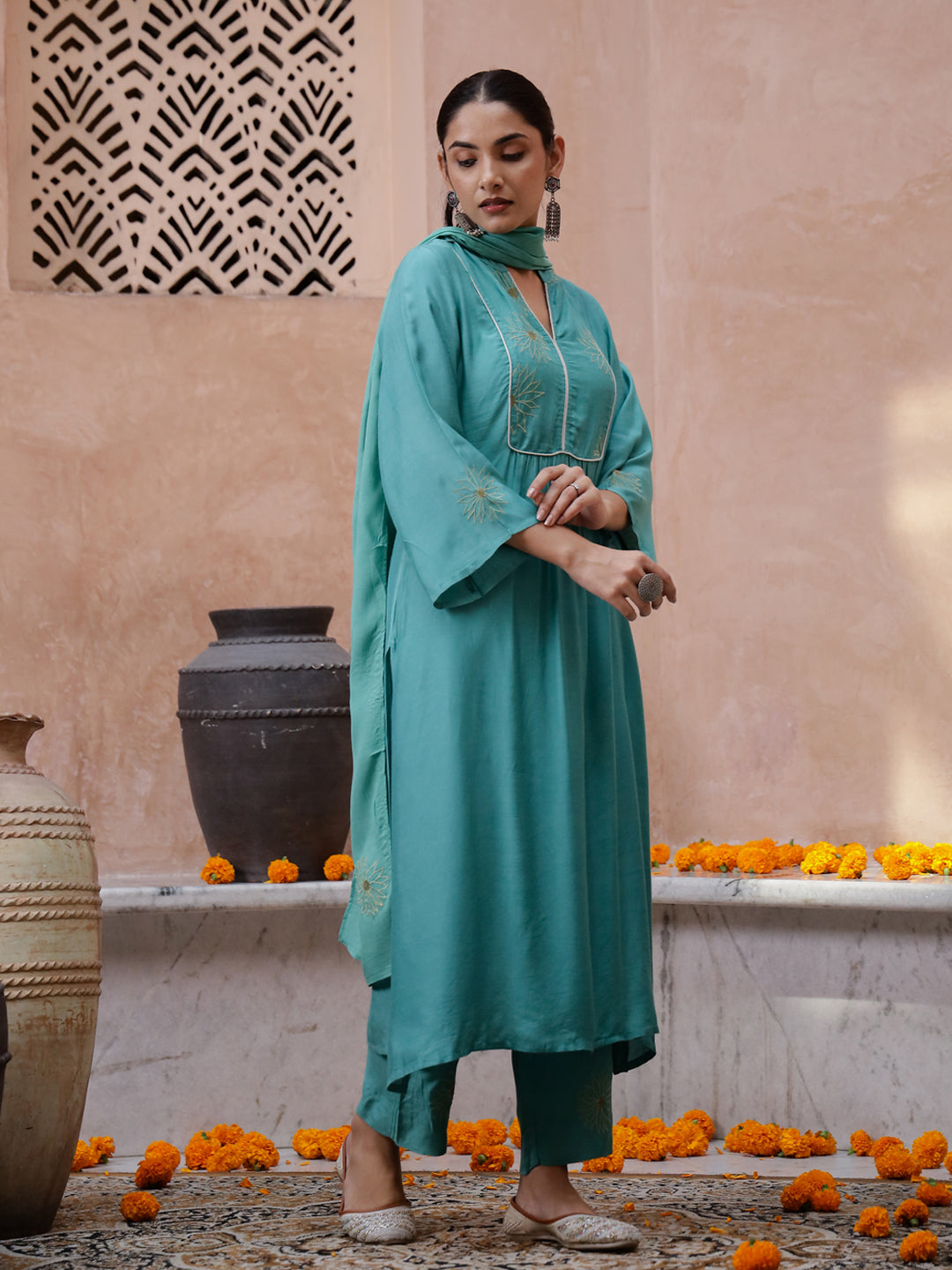 Green V-Neck Solid Print Kurta set - SanskrutiHomes