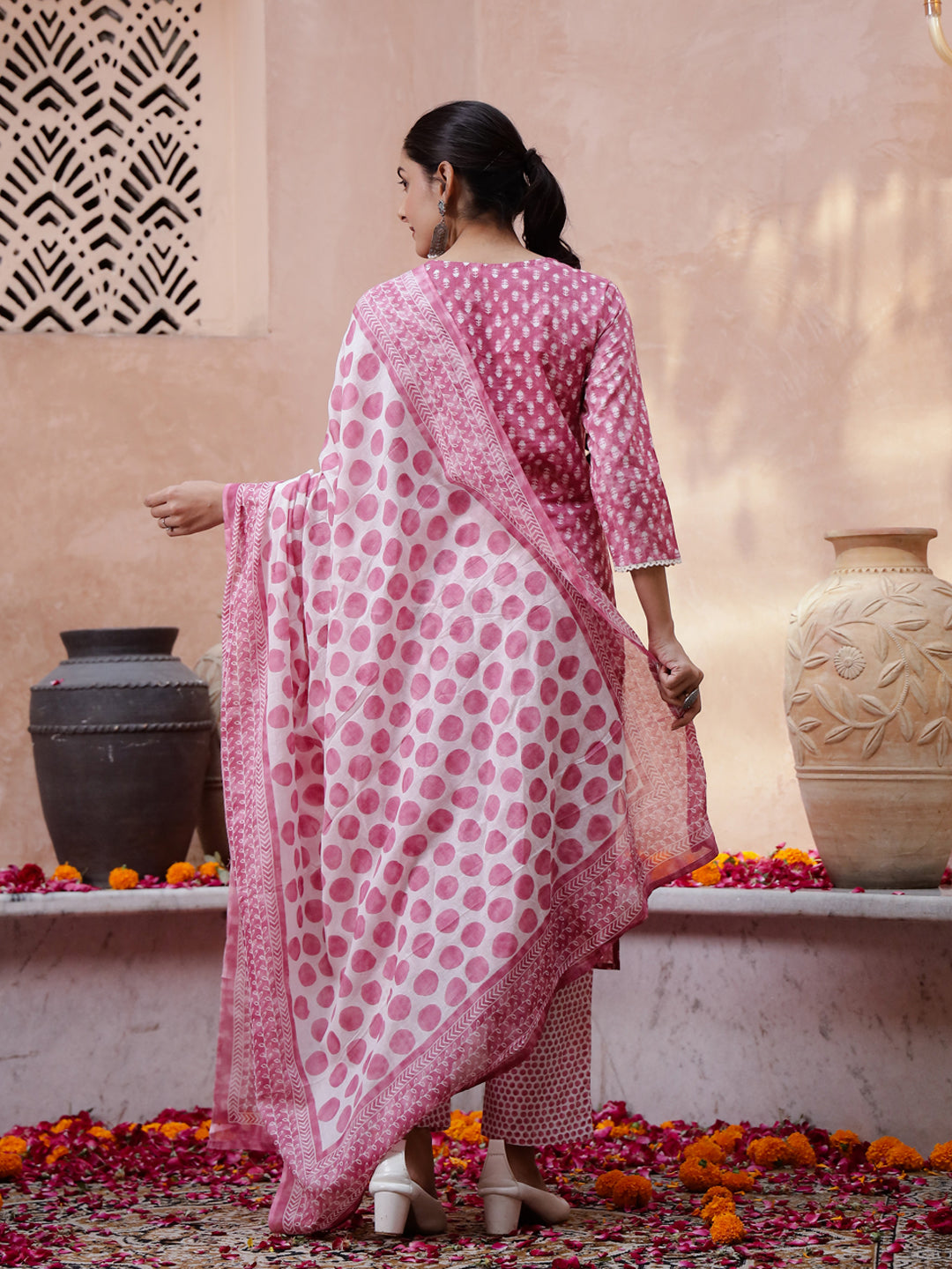 Pink Floral Printed Kurta Set with Dupatta - SanskrutiHomes