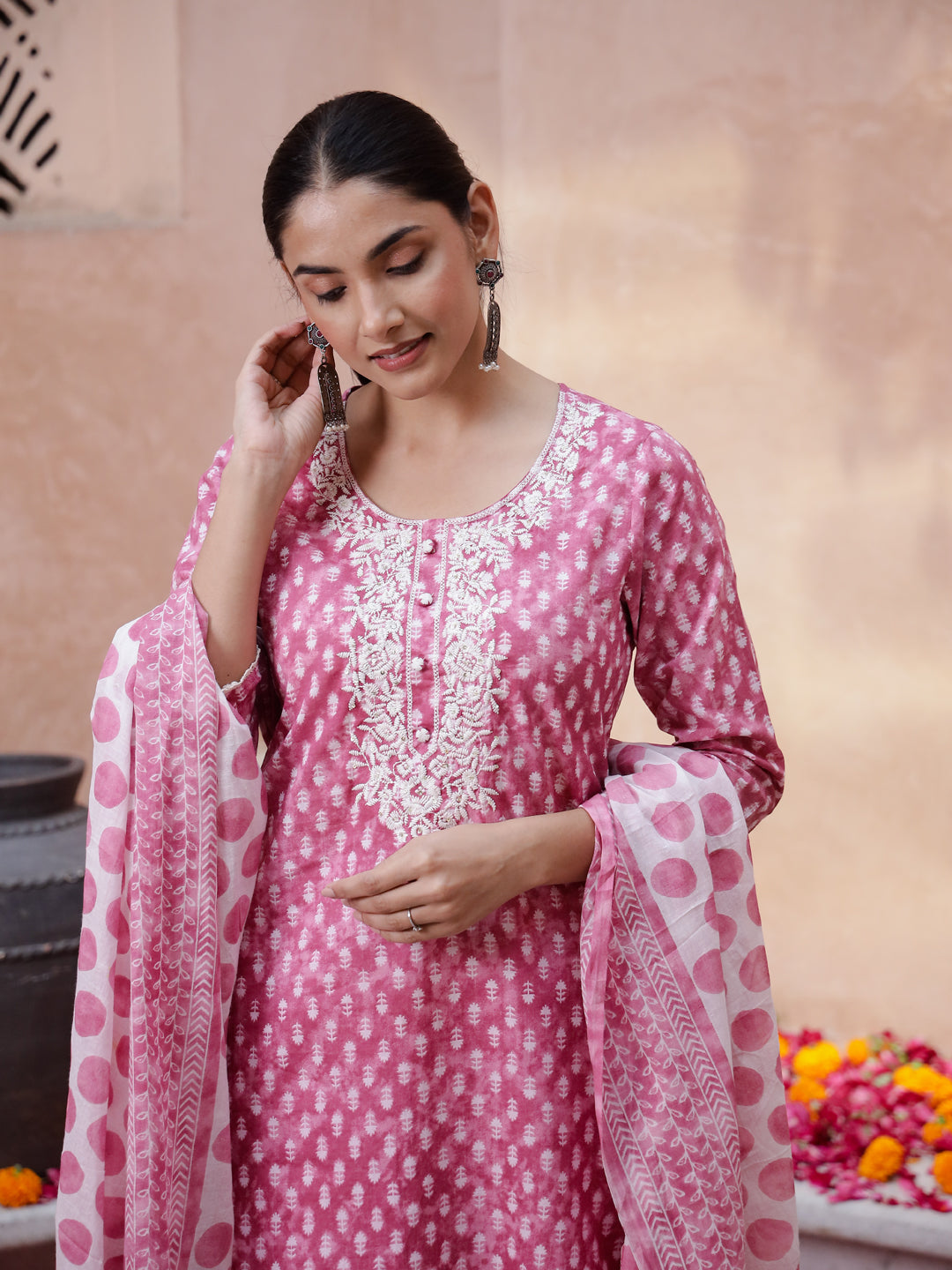 Pink Floral Printed Kurta Set with Dupatta