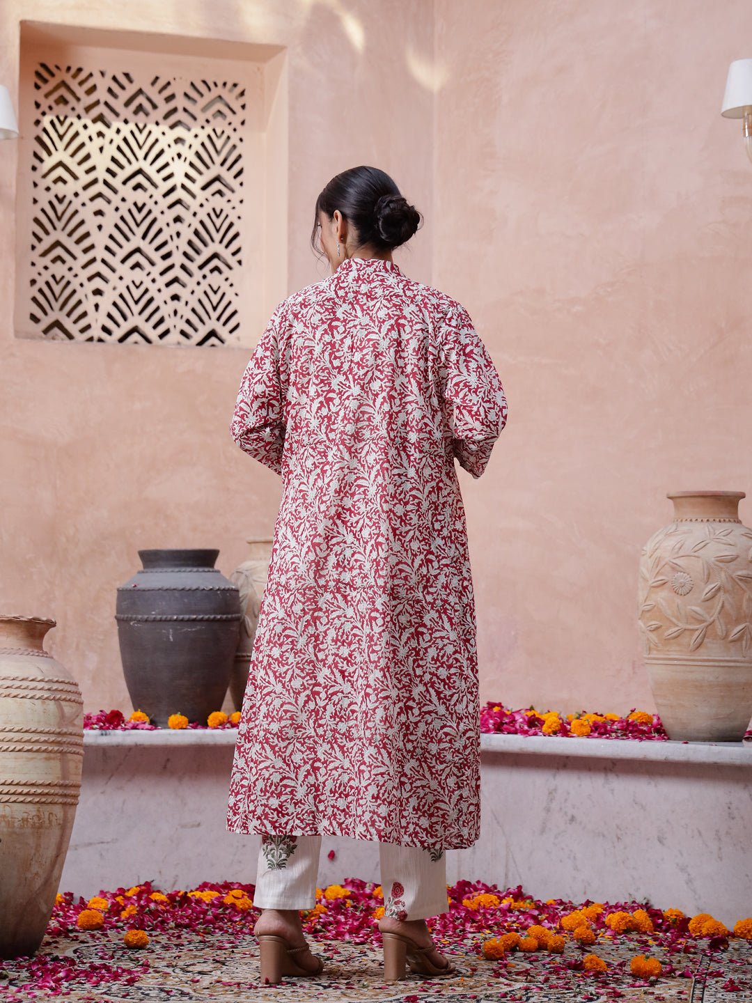 Red Floral Printed Cotton Kurta Set
