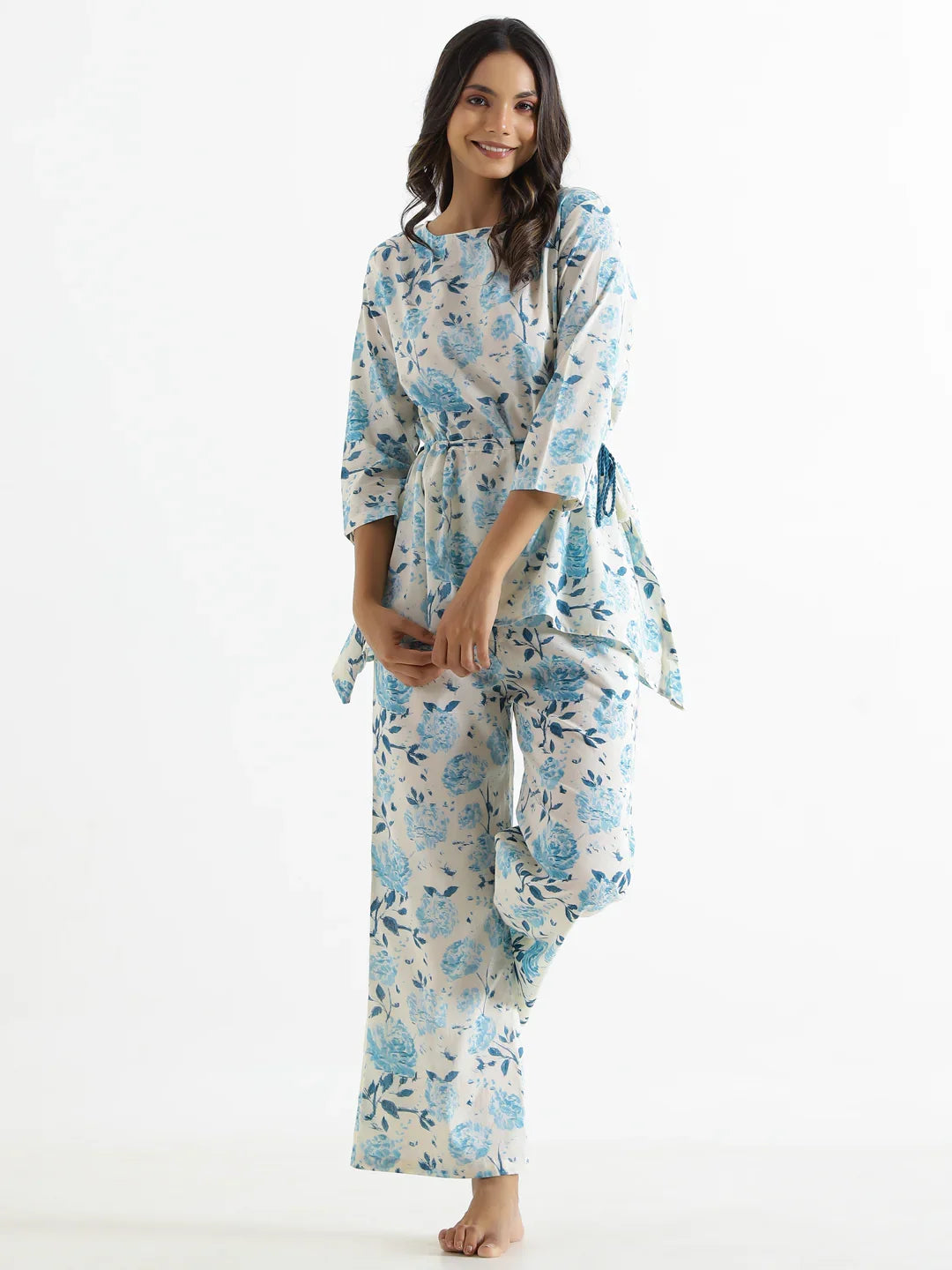 blue leafy Cotton Night Suit - SanskrutiHomes