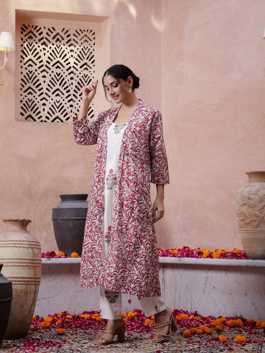 Red Floral Printed Cotton Kurta Set