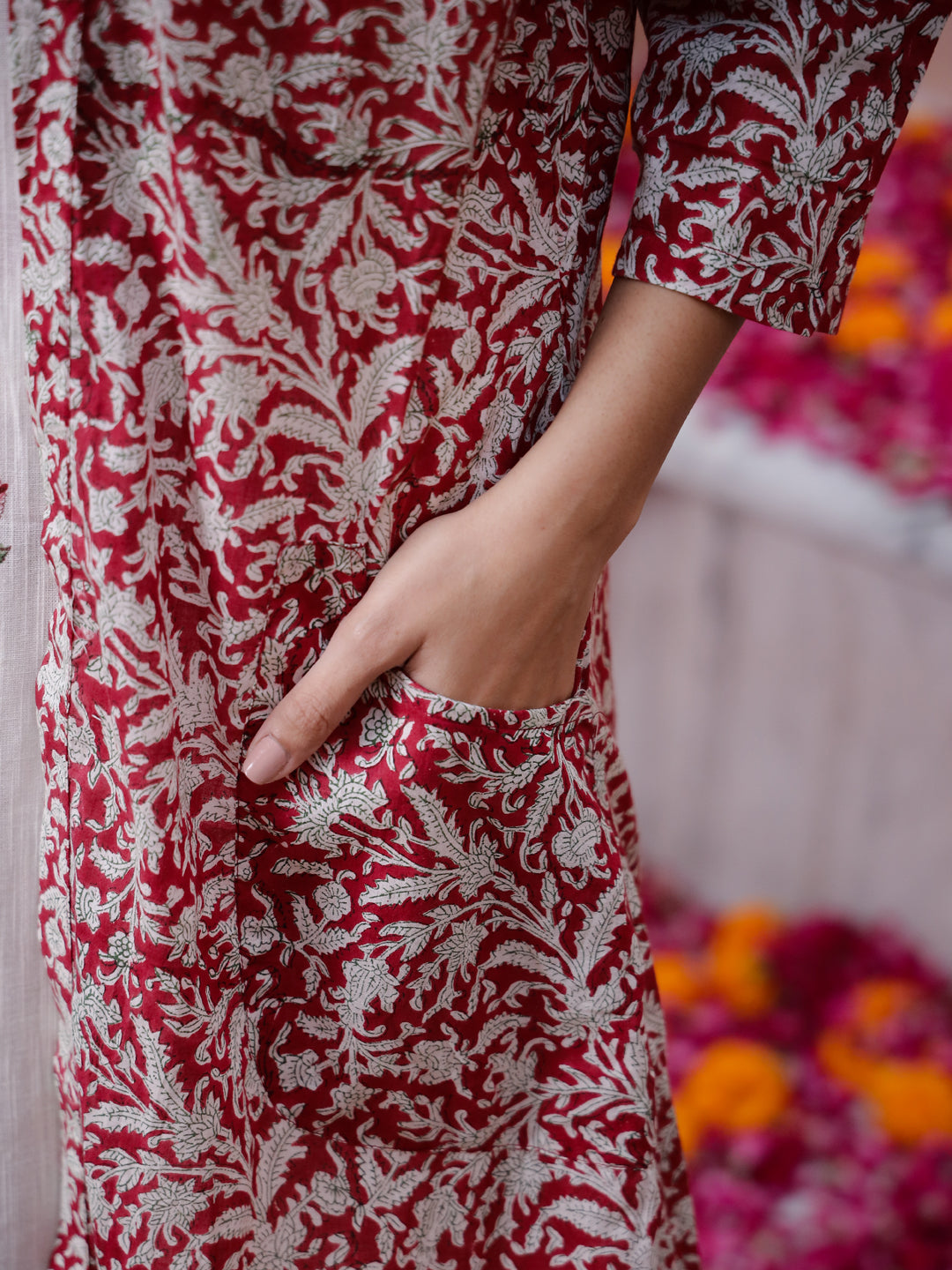 Red Floral Printed Cotton Kurta Set