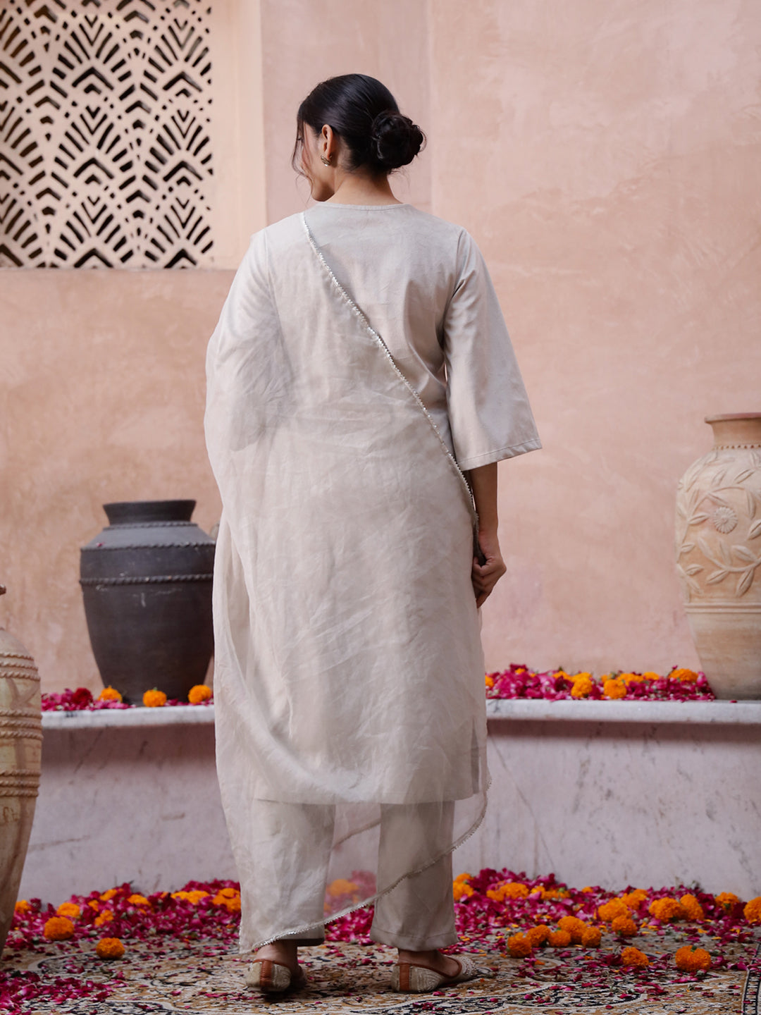 Beige Solid Velvet Kurta Set With Dupatta