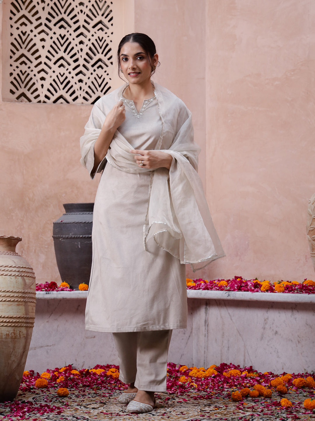 Beige Solid Velvet Kurta Set With Dupatta