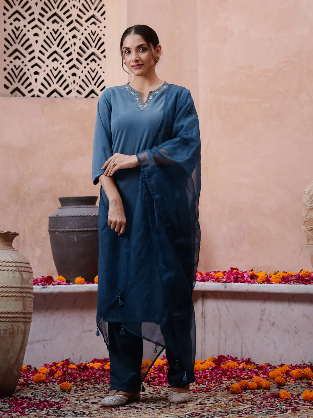 Blue Solid Velvet Kurta set with Dupatta - SanskrutiHomes