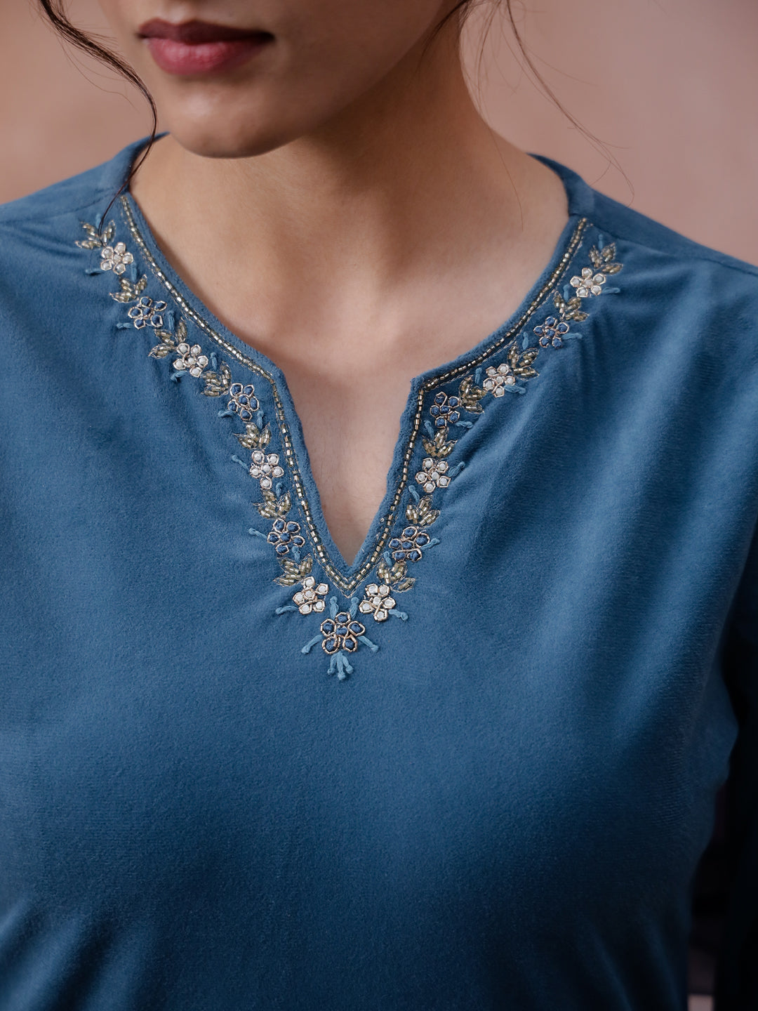 Blue Solid Velvet Kurta set with Dupatta - SanskrutiHomes