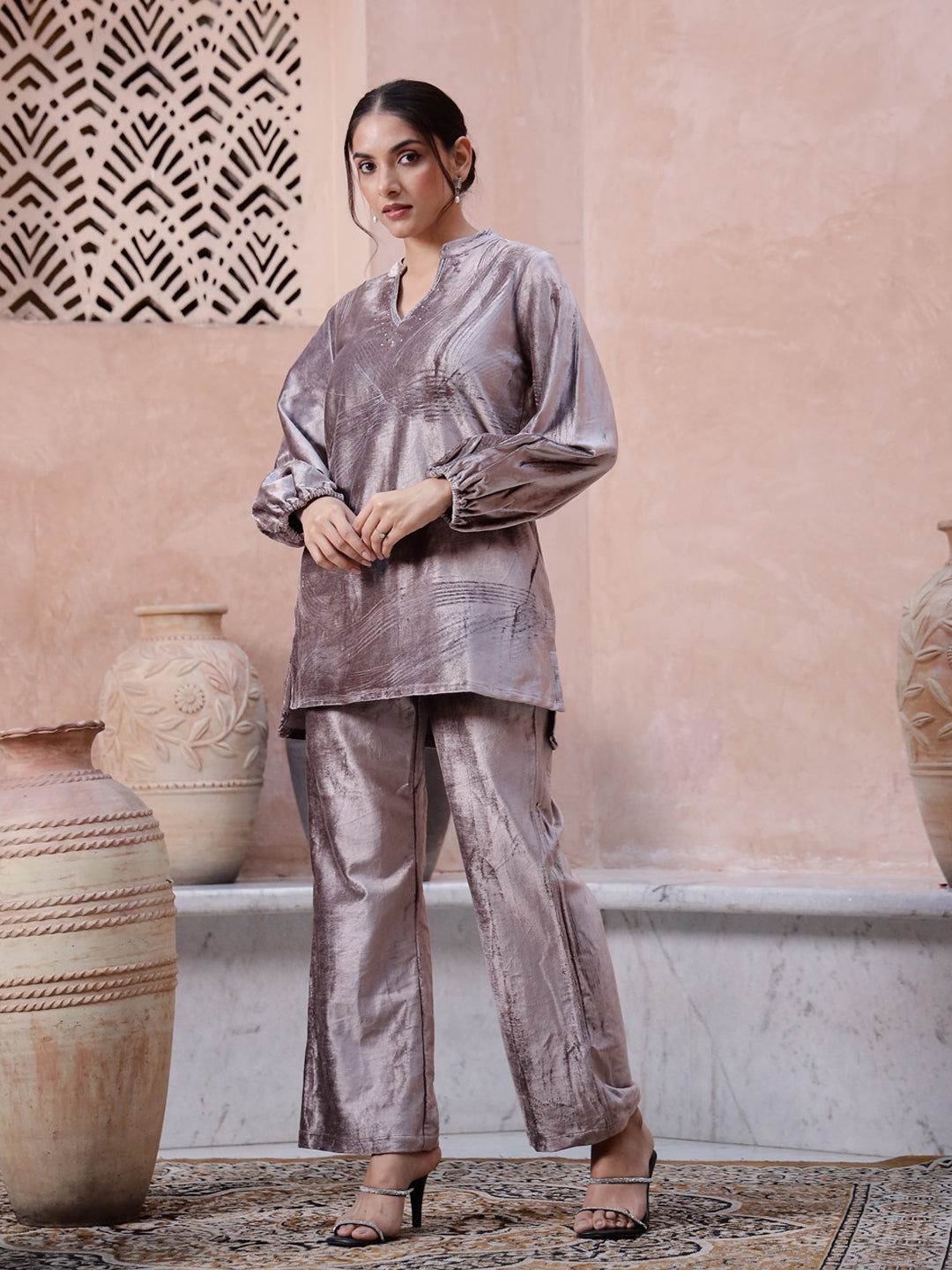 Solid Print V-Neck Winter Co-Ord Set