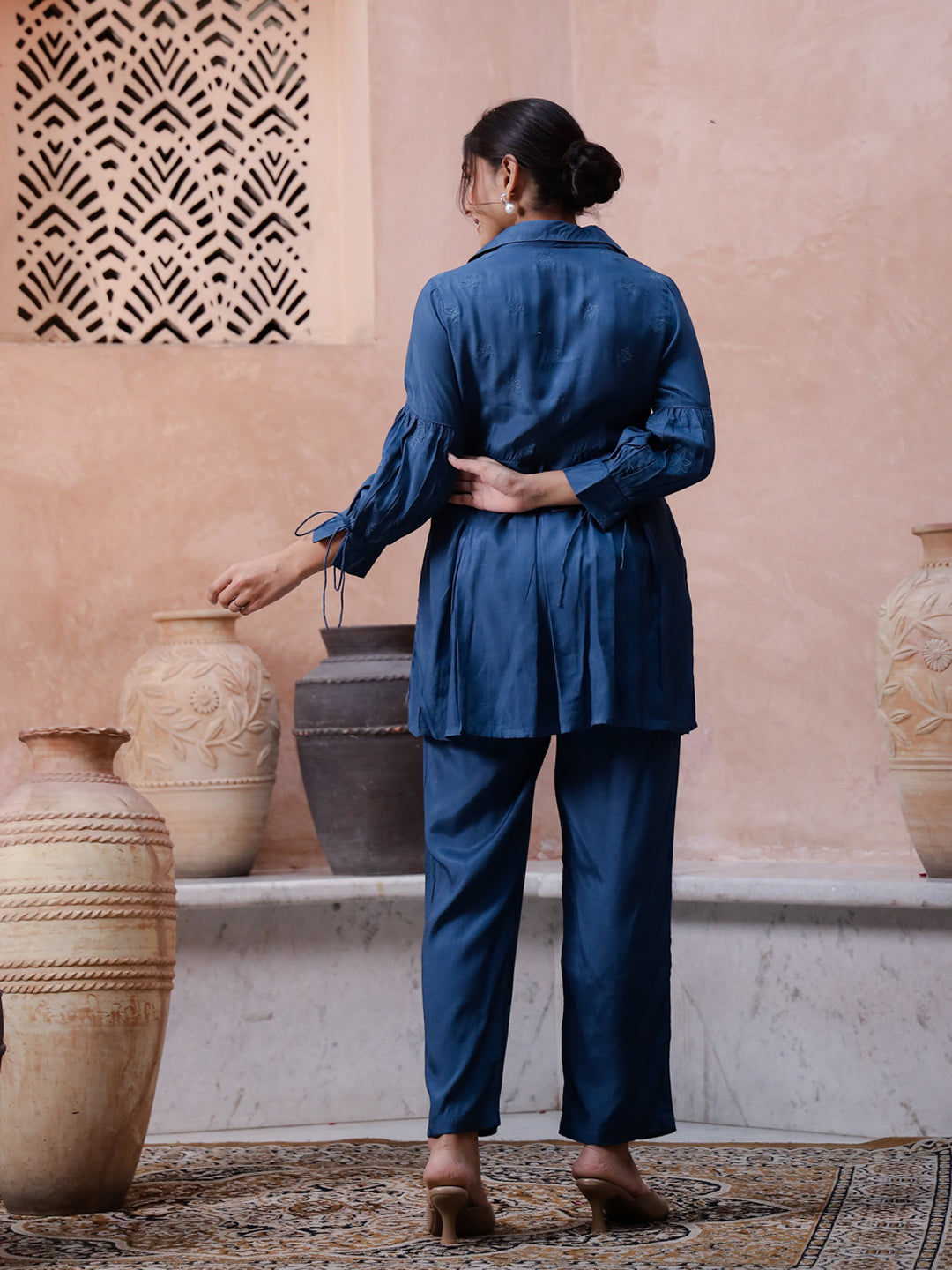 Blue Solid Printed Co-Ords Set For Women