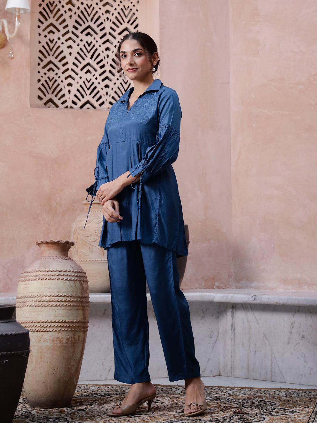Blue Solid Printed Co-Ords Set For Women