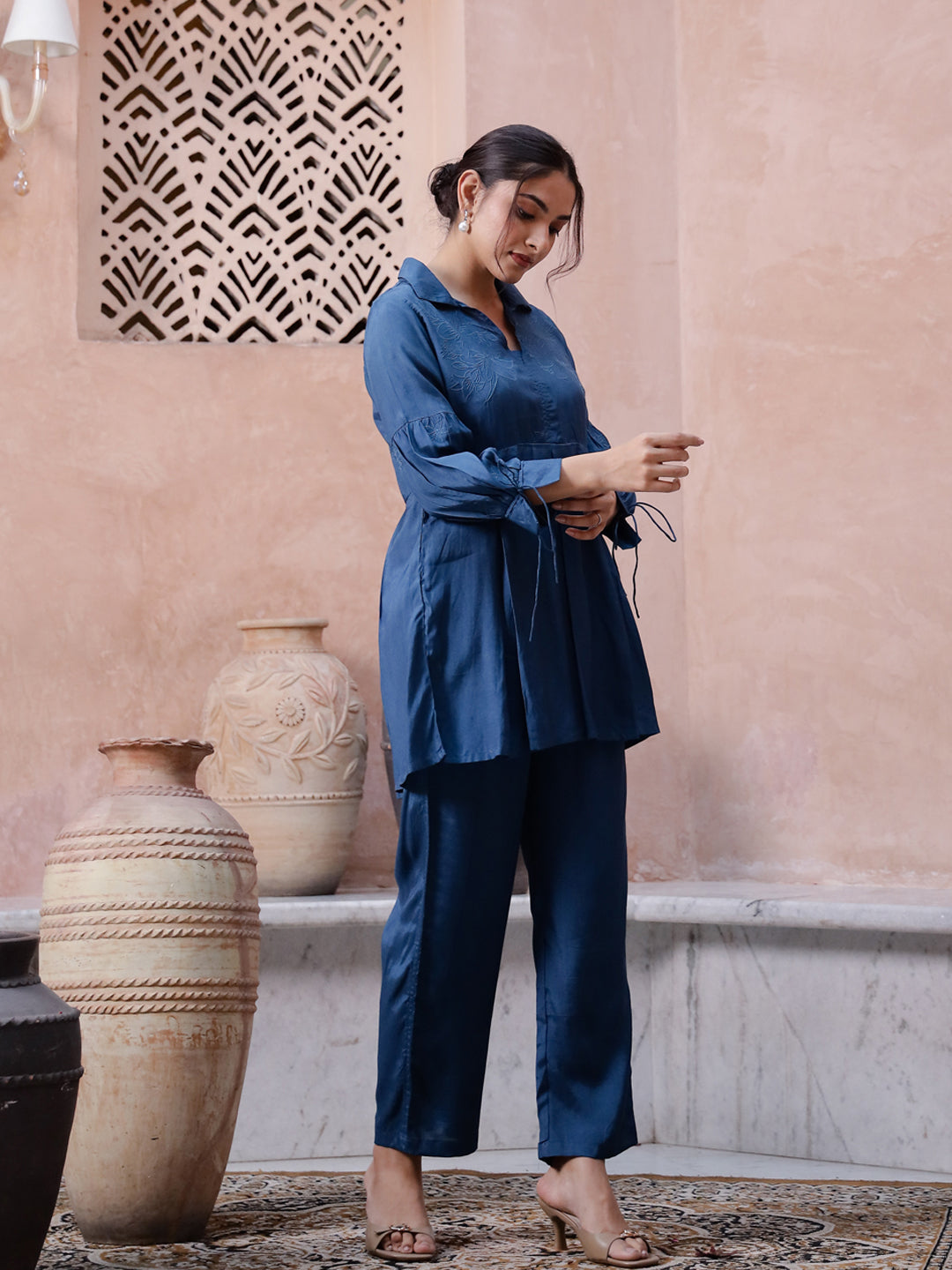 Blue Solid Printed Co-Ords Set For Women