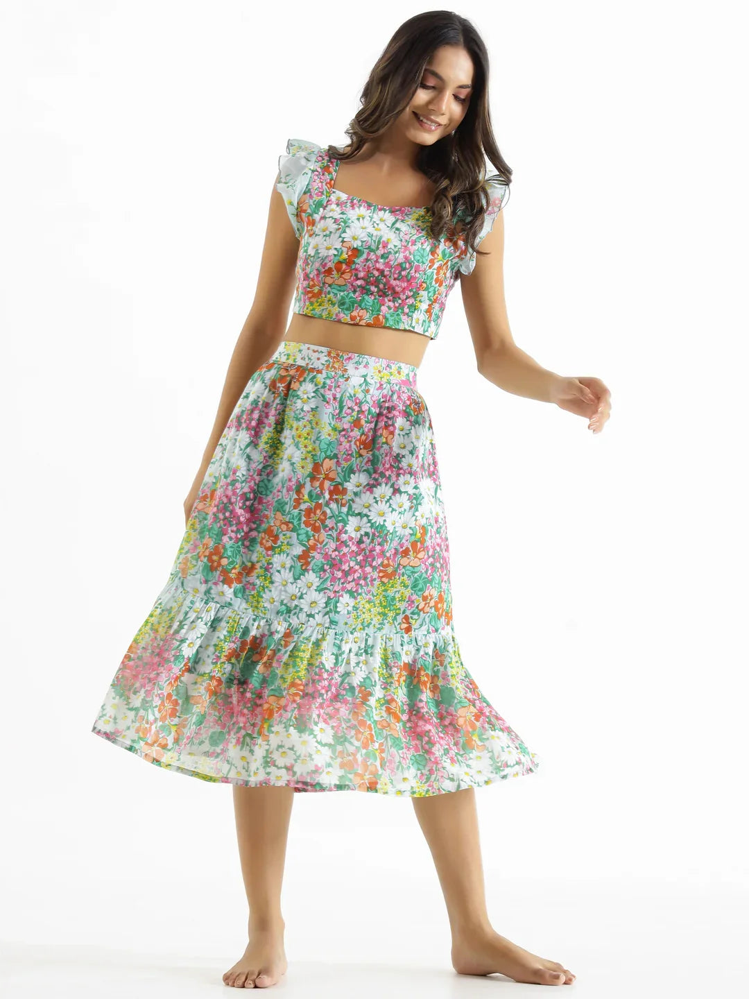 White & Green Printed Square Neck Pure Cotton Top & Skirt - SanskrutiHomes