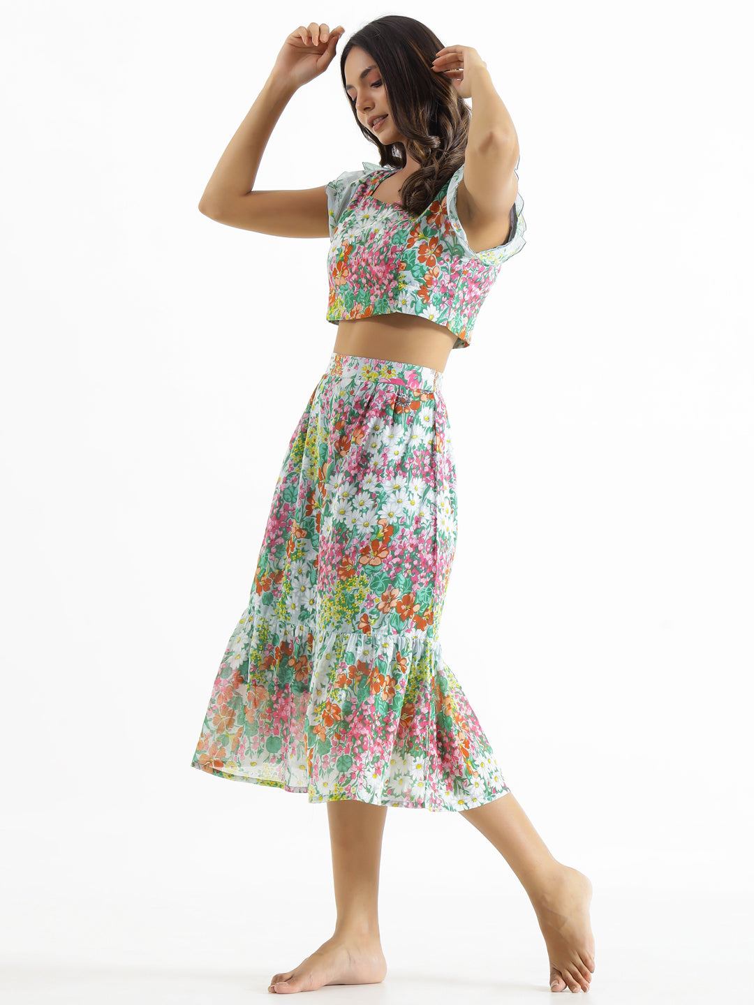 White & Green Printed Square Neck Pure Cotton Top & Skirt - SanskrutiHomes