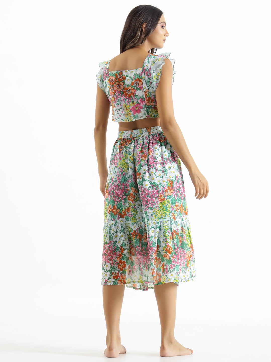 White & Green Printed Square Neck Pure Cotton Top & Skirt - SanskrutiHomes