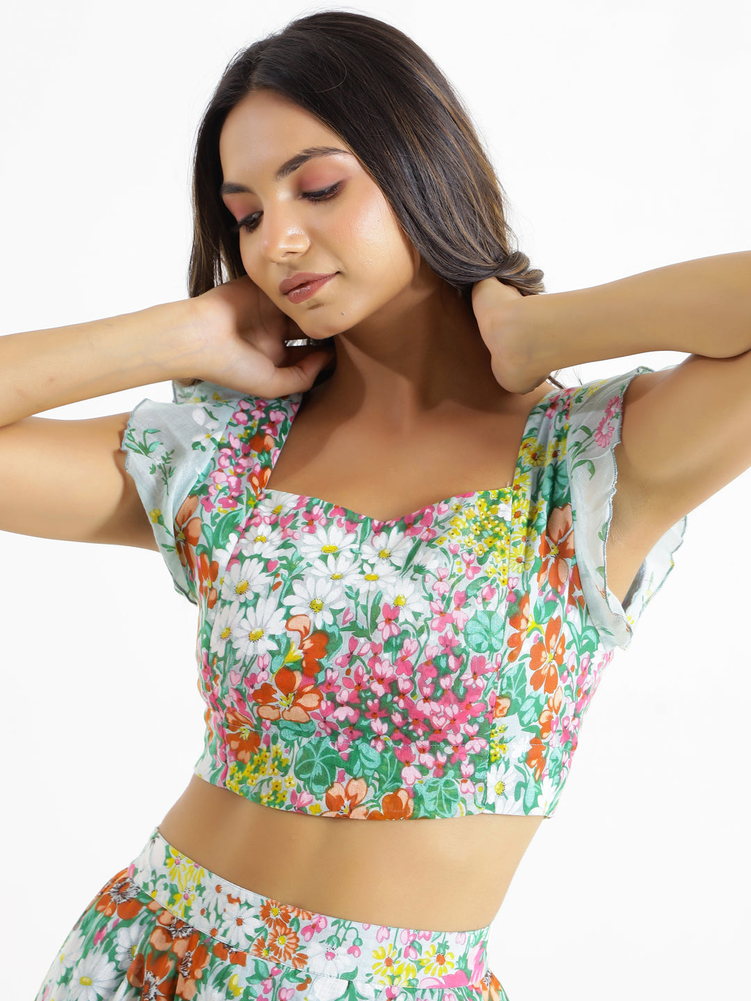 White & Green Printed Square Neck Pure Cotton Top & Skirt - SanskrutiHomes