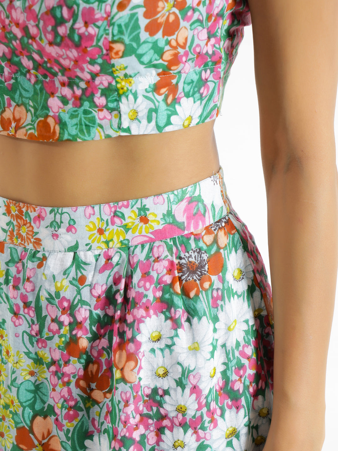 White & Green Printed Square Neck Pure Cotton Top & Skirt - SanskrutiHomes
