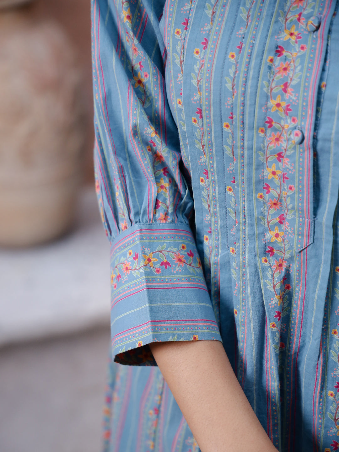 Blue Floral Printed Round Neck Kurta Set