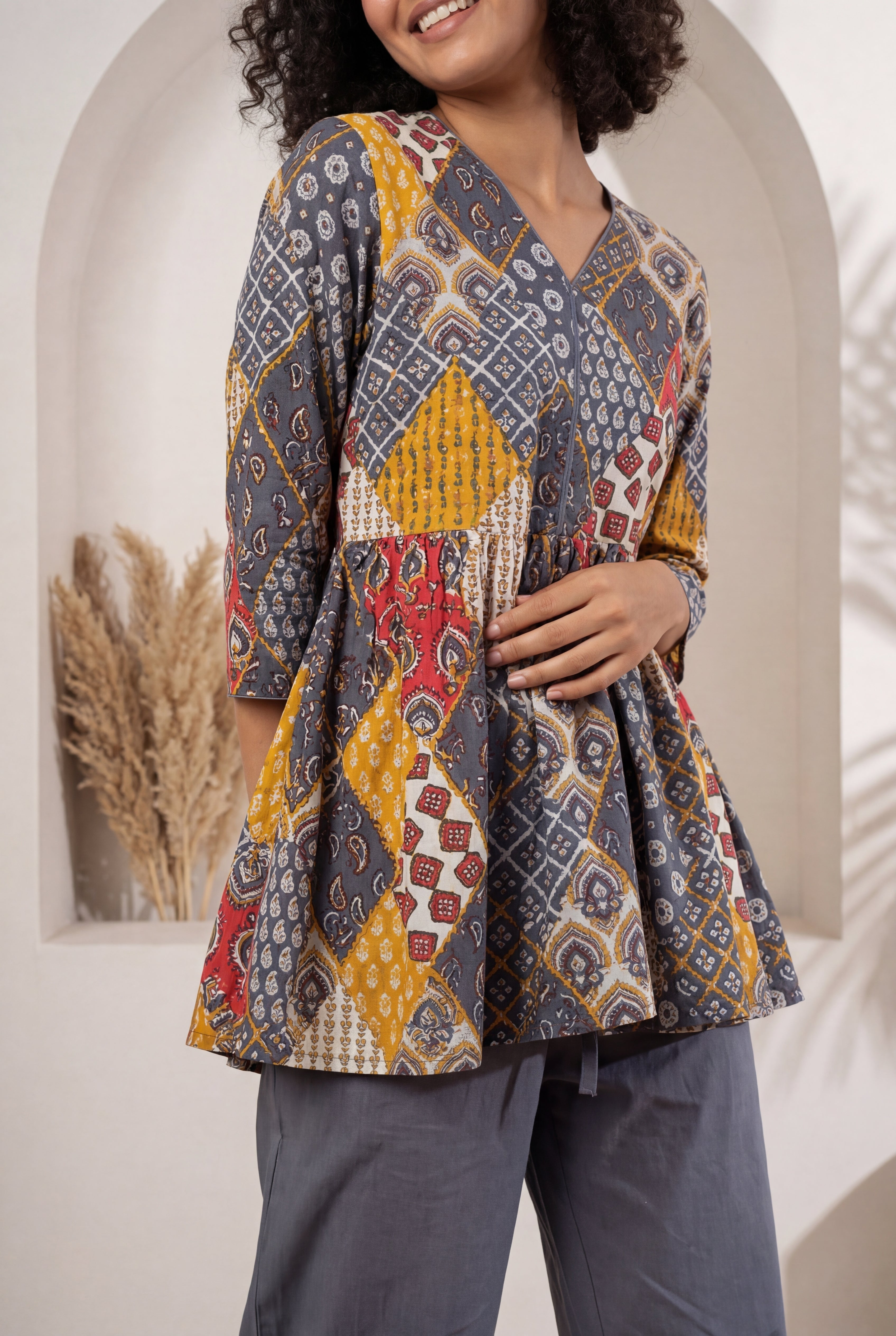 Grey V-Neck Geometric Print Pure Cotton Night Suit For Women
