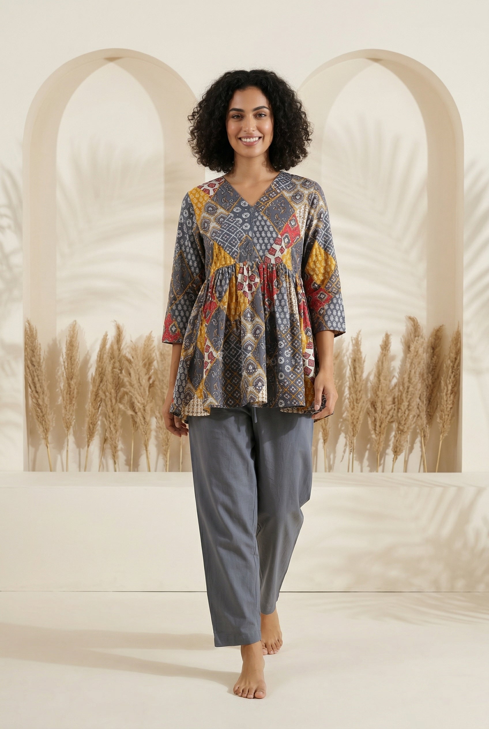 Grey V-Neck Geometric Print Pure Cotton Night Suit For Women